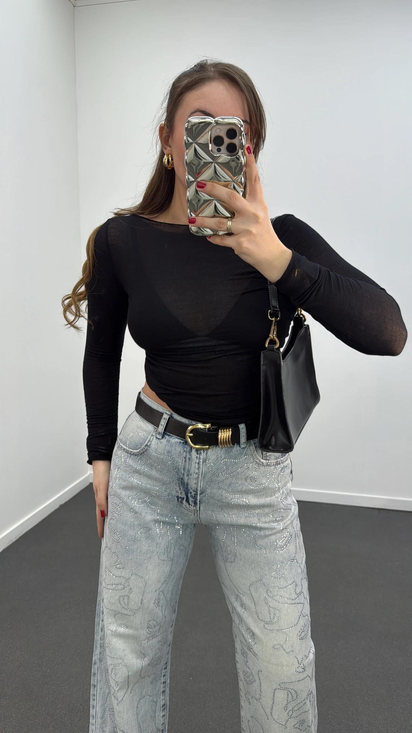 Face Hipo Yıkamalı Taş Aksesuarlı Loose Fit Jeans