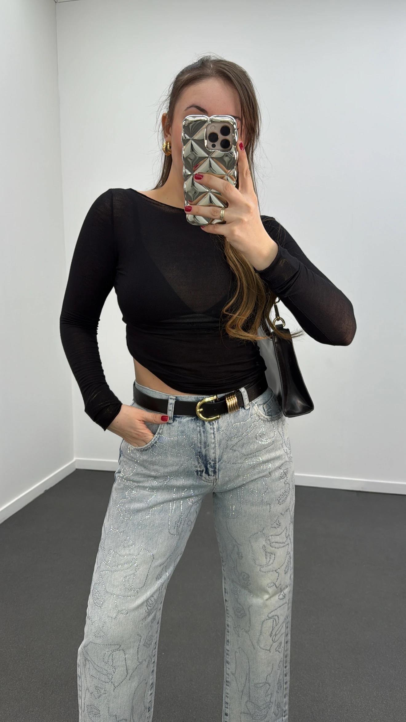 Face Hipo Yıkamalı Taş Aksesuarlı Loose Fit Jeans