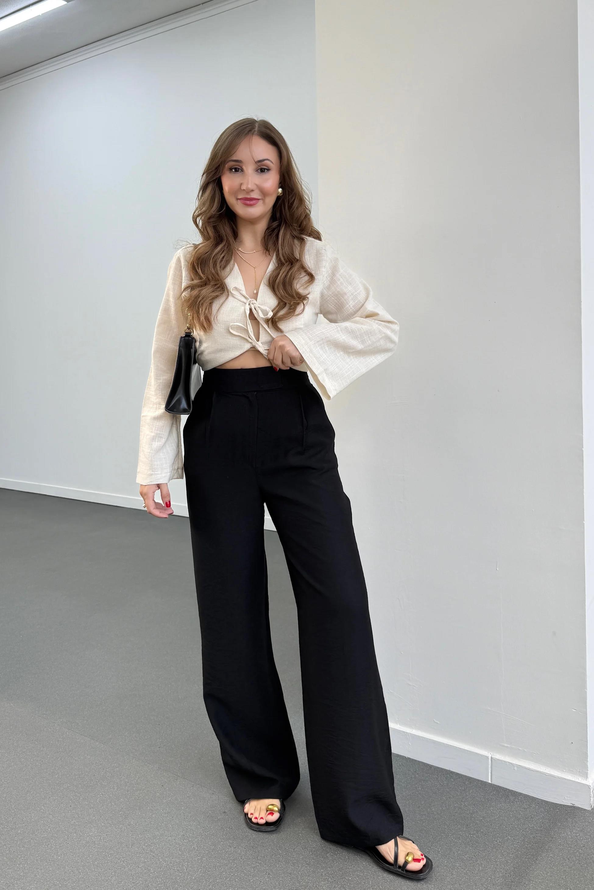 Fallony Siyah Pileli Tensel Kumaş Pantolon