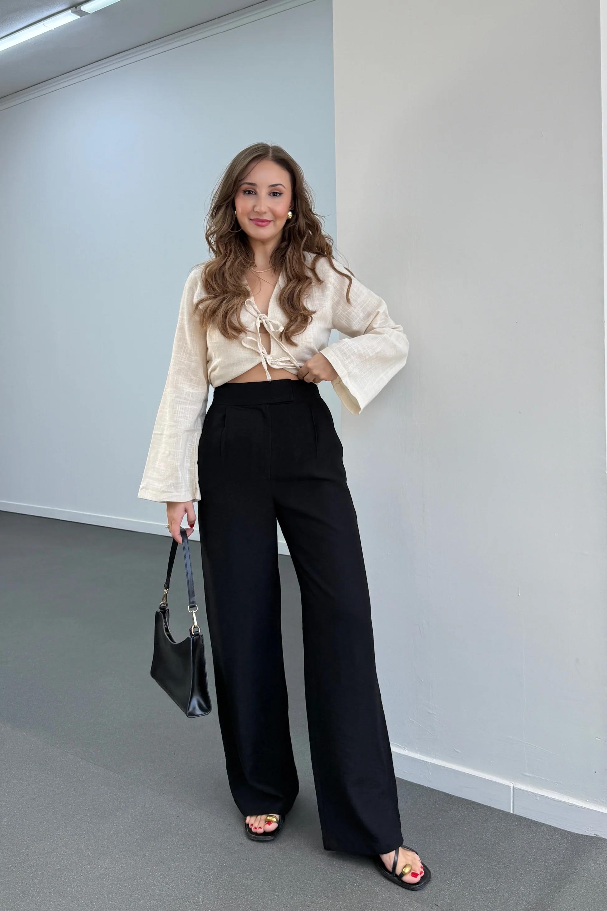 Fallony Siyah Pileli Tensel Kumaş Pantolon