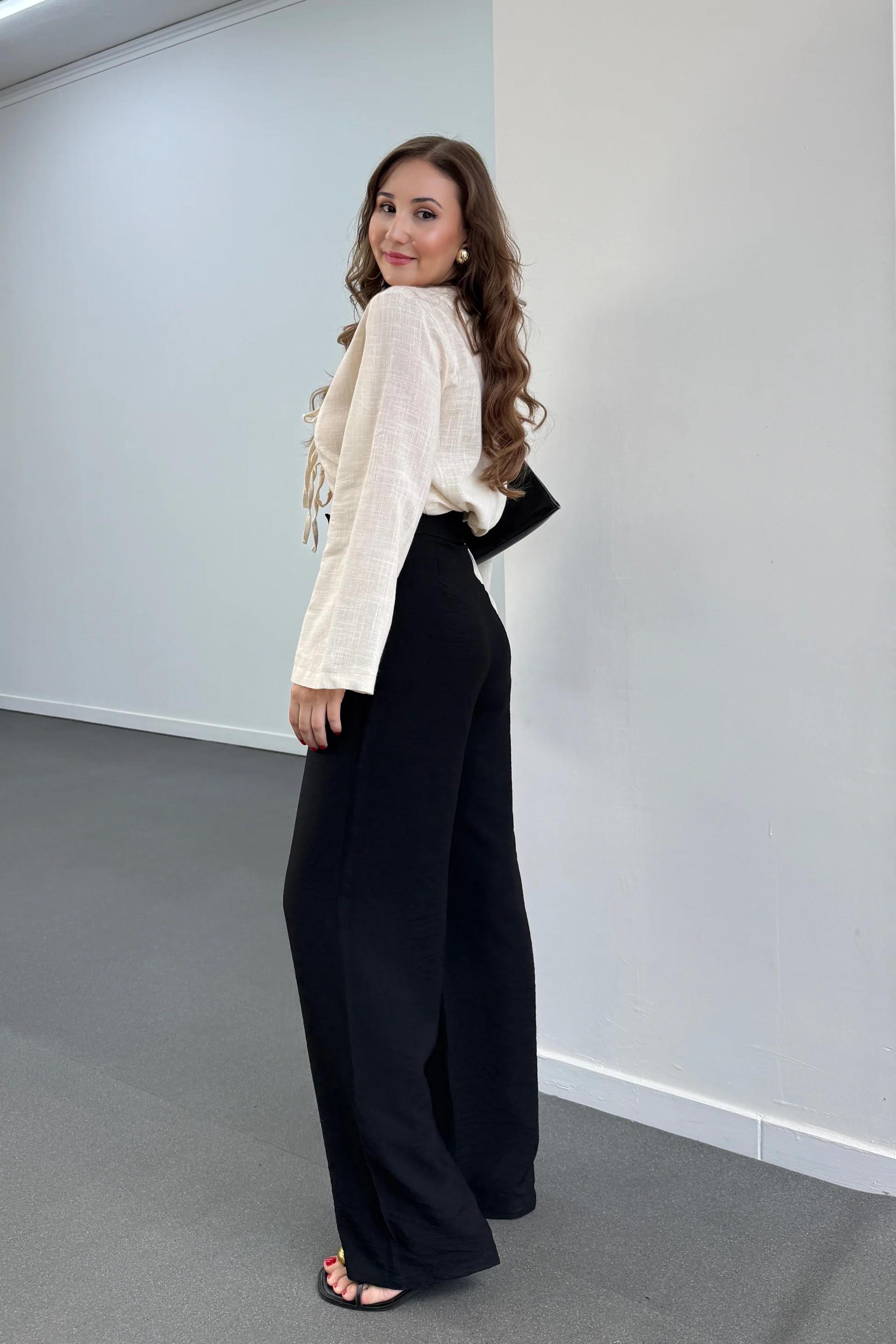 Fallony Siyah Pileli Tensel Kumaş Pantolon