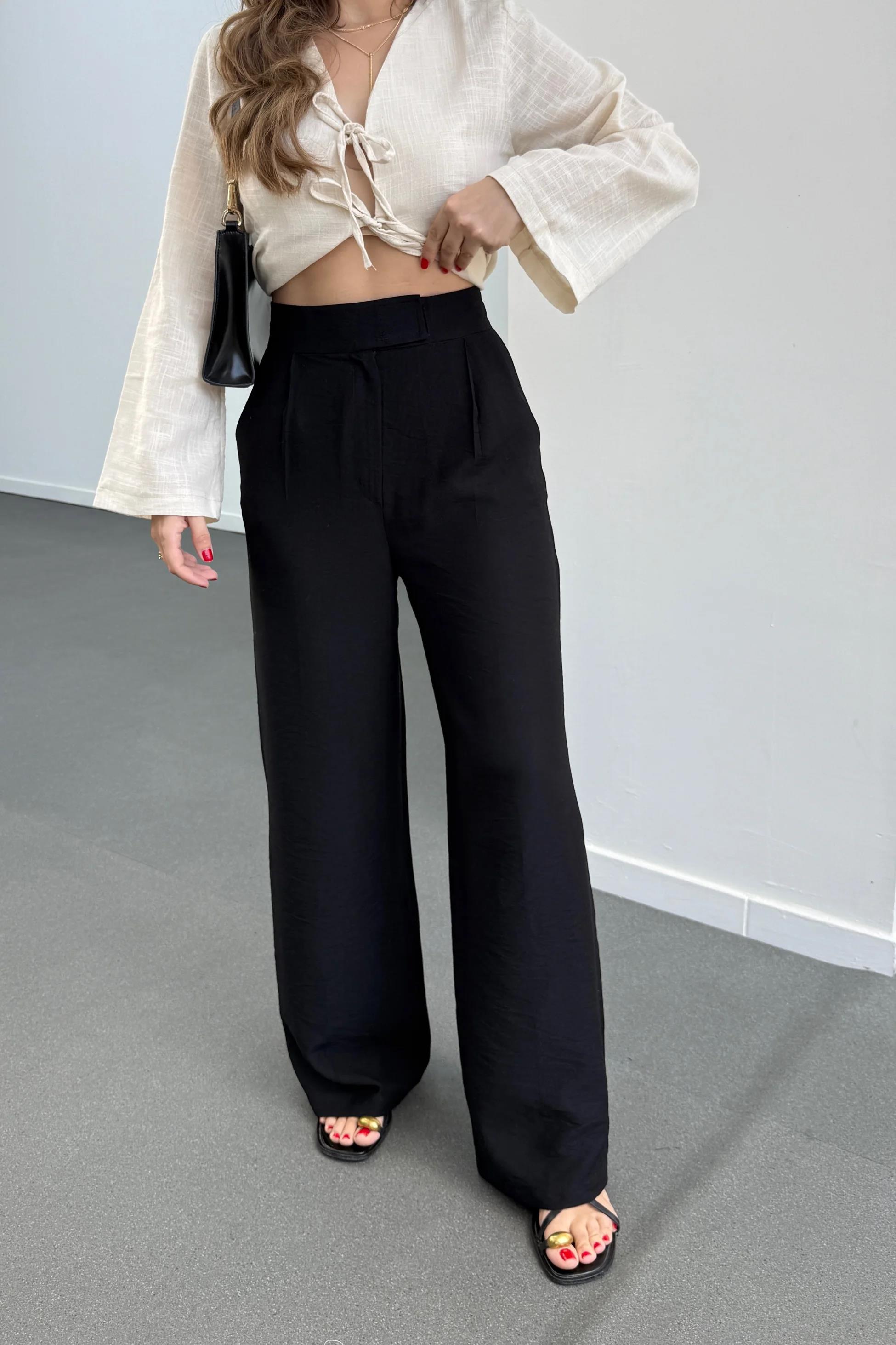 Fallony Siyah Pileli Tensel Kumaş Pantolon