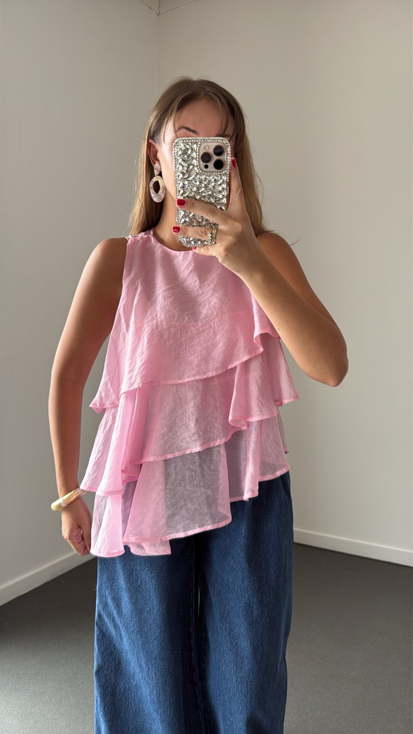 Fancy Pembe Asimetrik Kat Kat Bluz