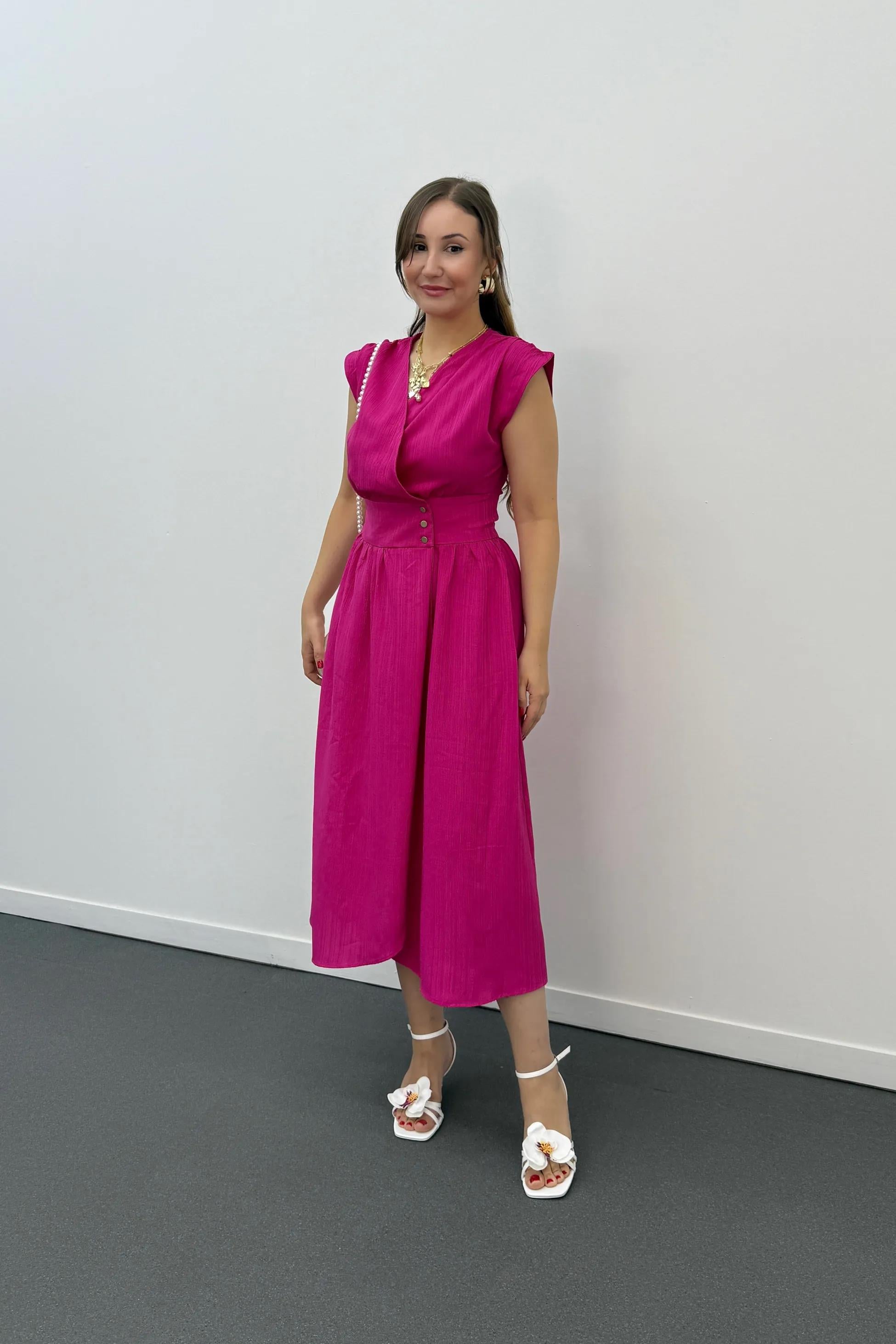 Farima Pembe Gofre Kumaş Kruvaze Elbise