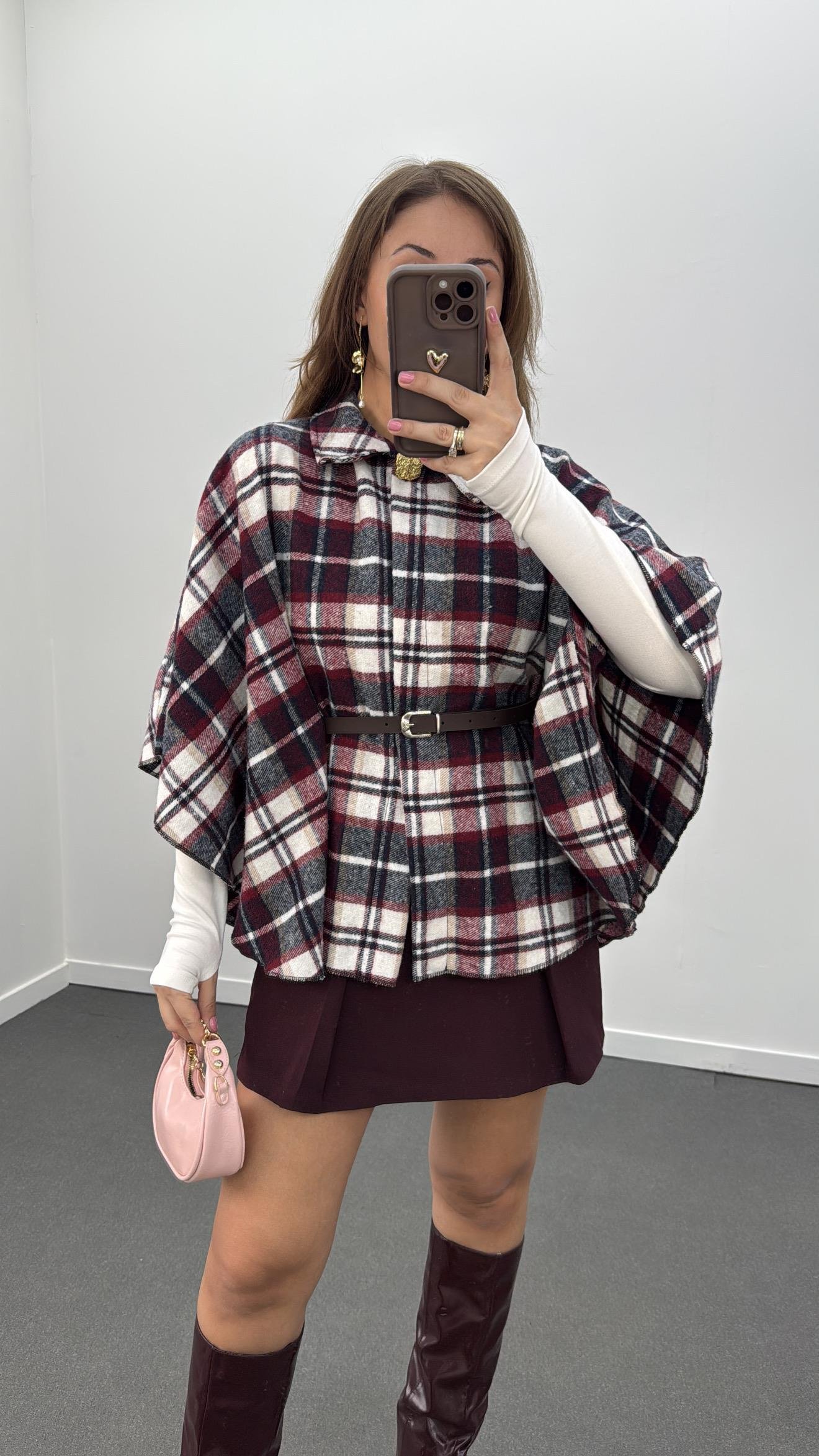 Faylin Bordo Ekoseli Kemerli Panço