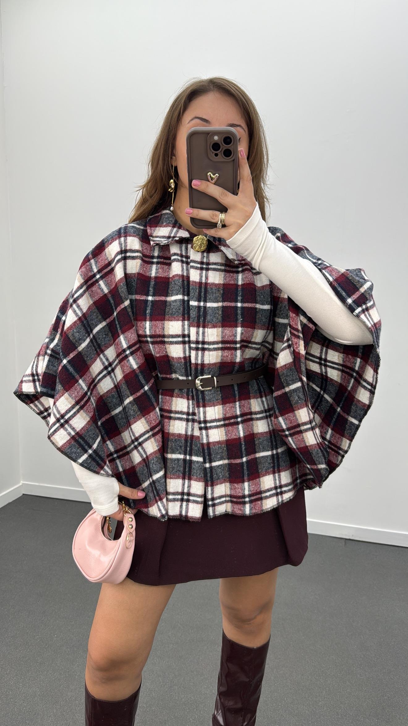 Faylin Bordo Ekoseli Kemerli Panço