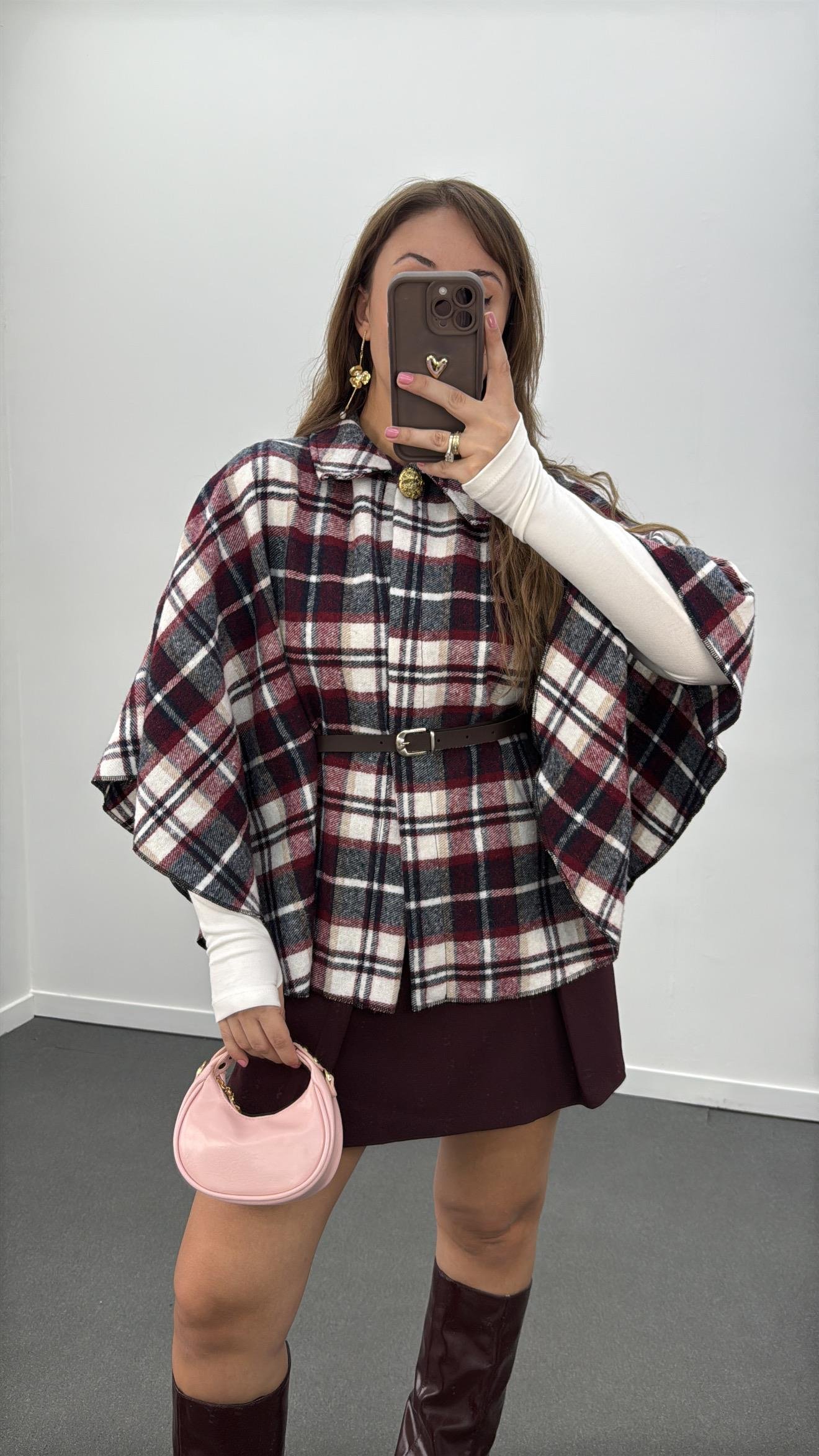 Faylin Bordo Ekoseli Kemerli Panço