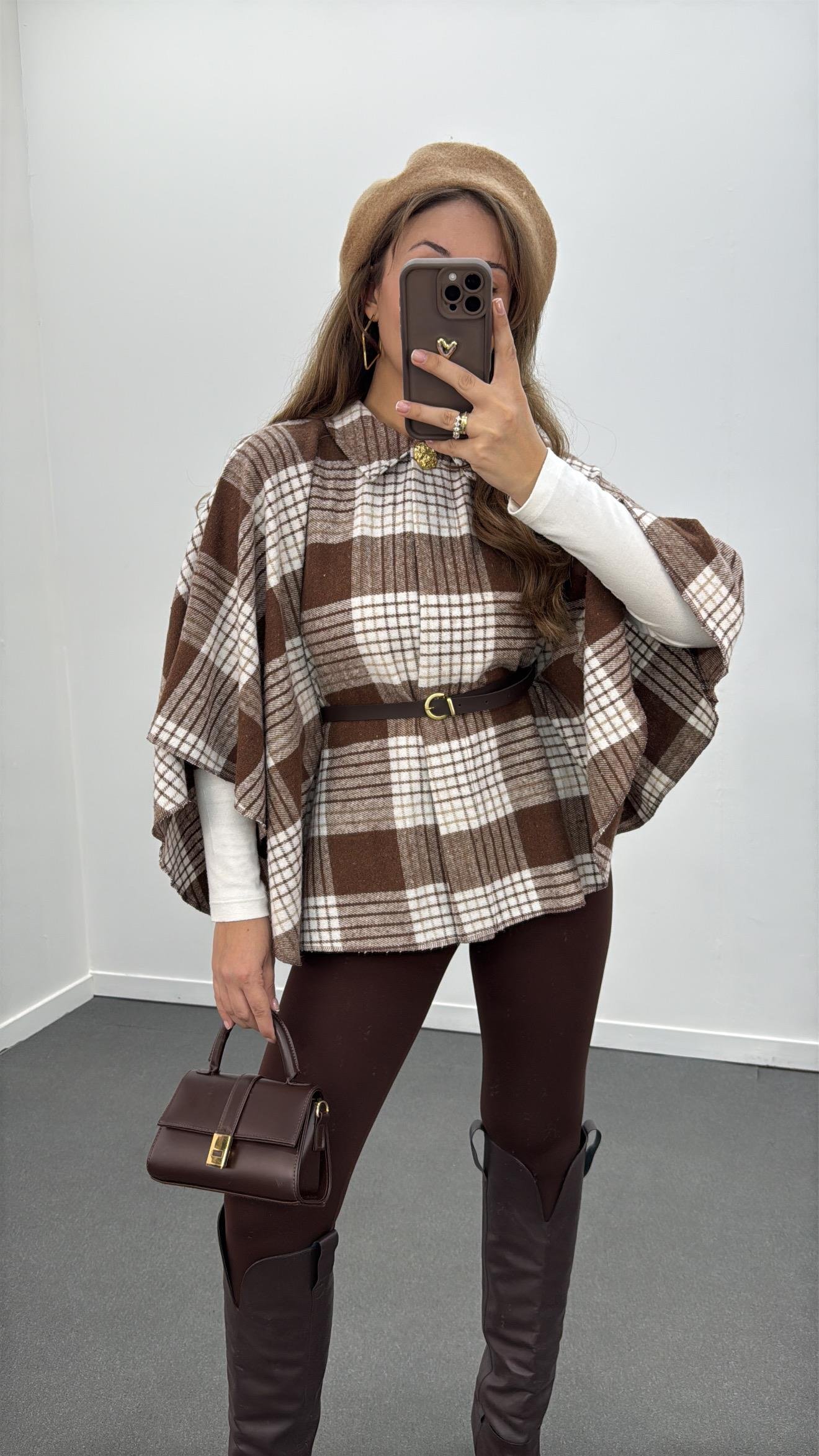 Faylin Kahve Ekoseli Kemerli Panço