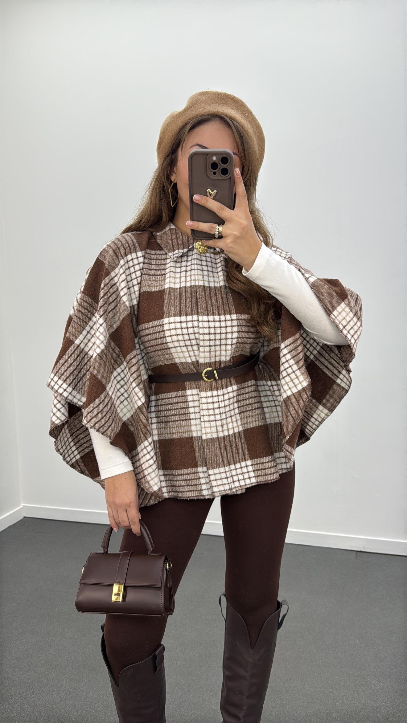 Faylin Kahve Ekoseli Kemerli Panço