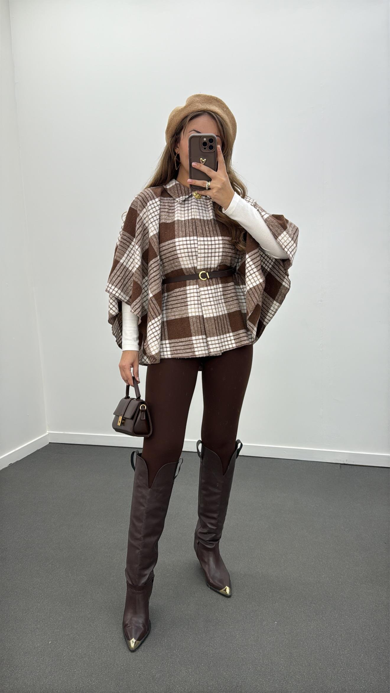 Faylin Kahve Ekoseli Kemerli Panço