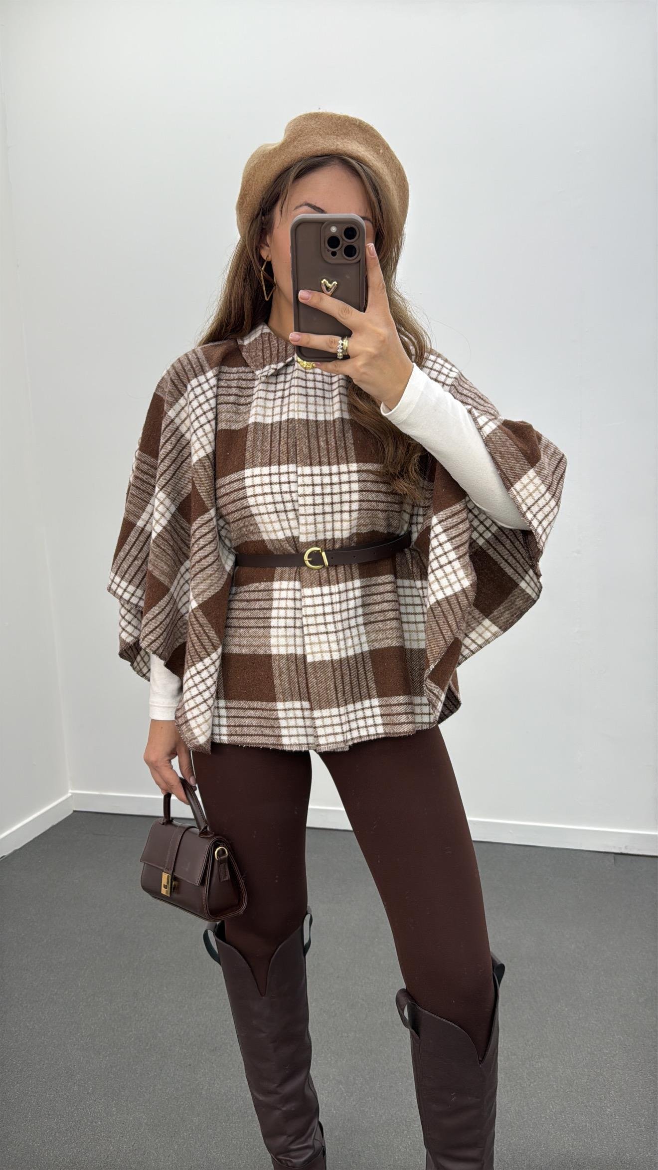 Faylin Kahve Ekoseli Kemerli Panço