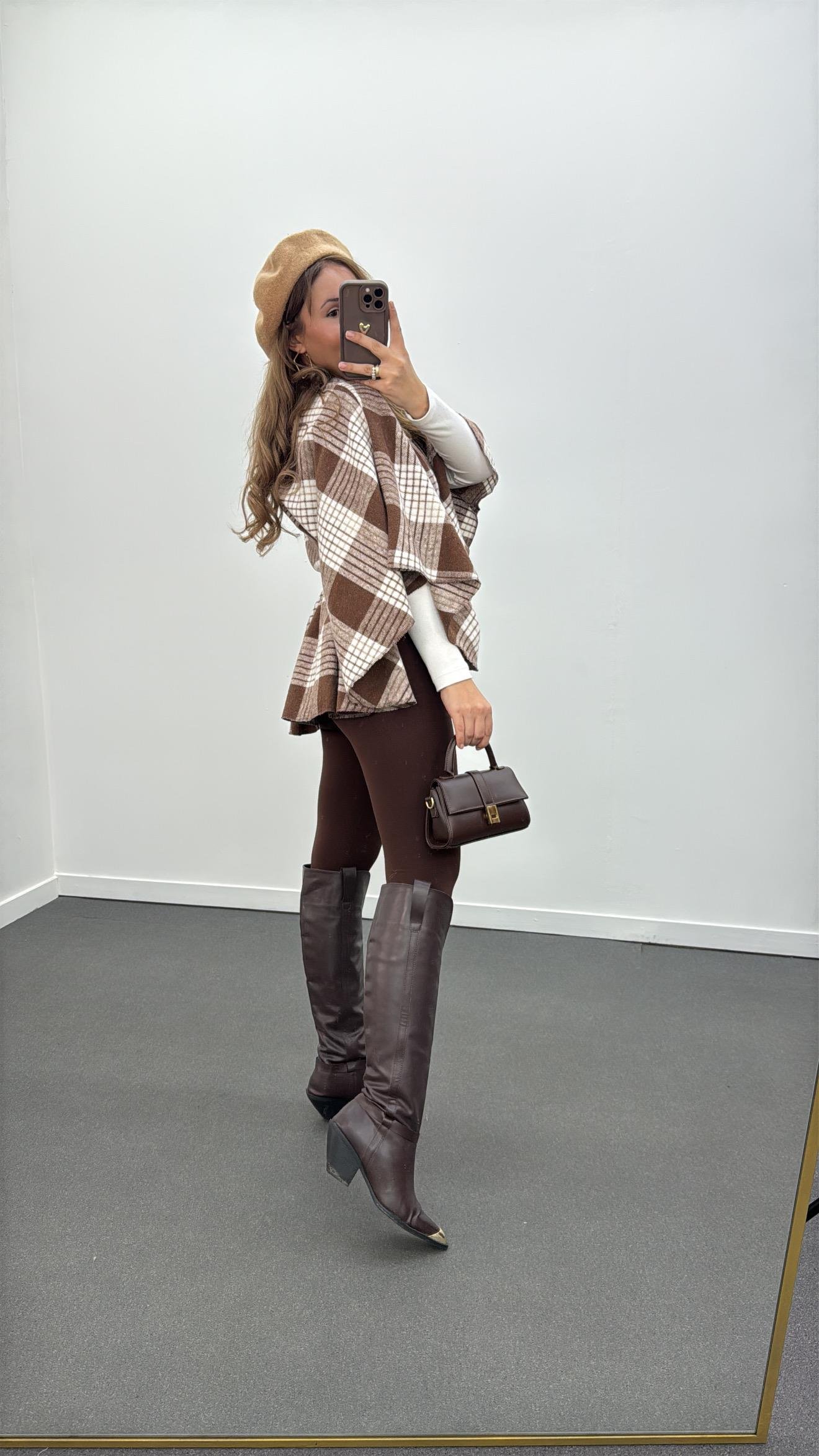 Faylin Kahve Ekoseli Kemerli Panço