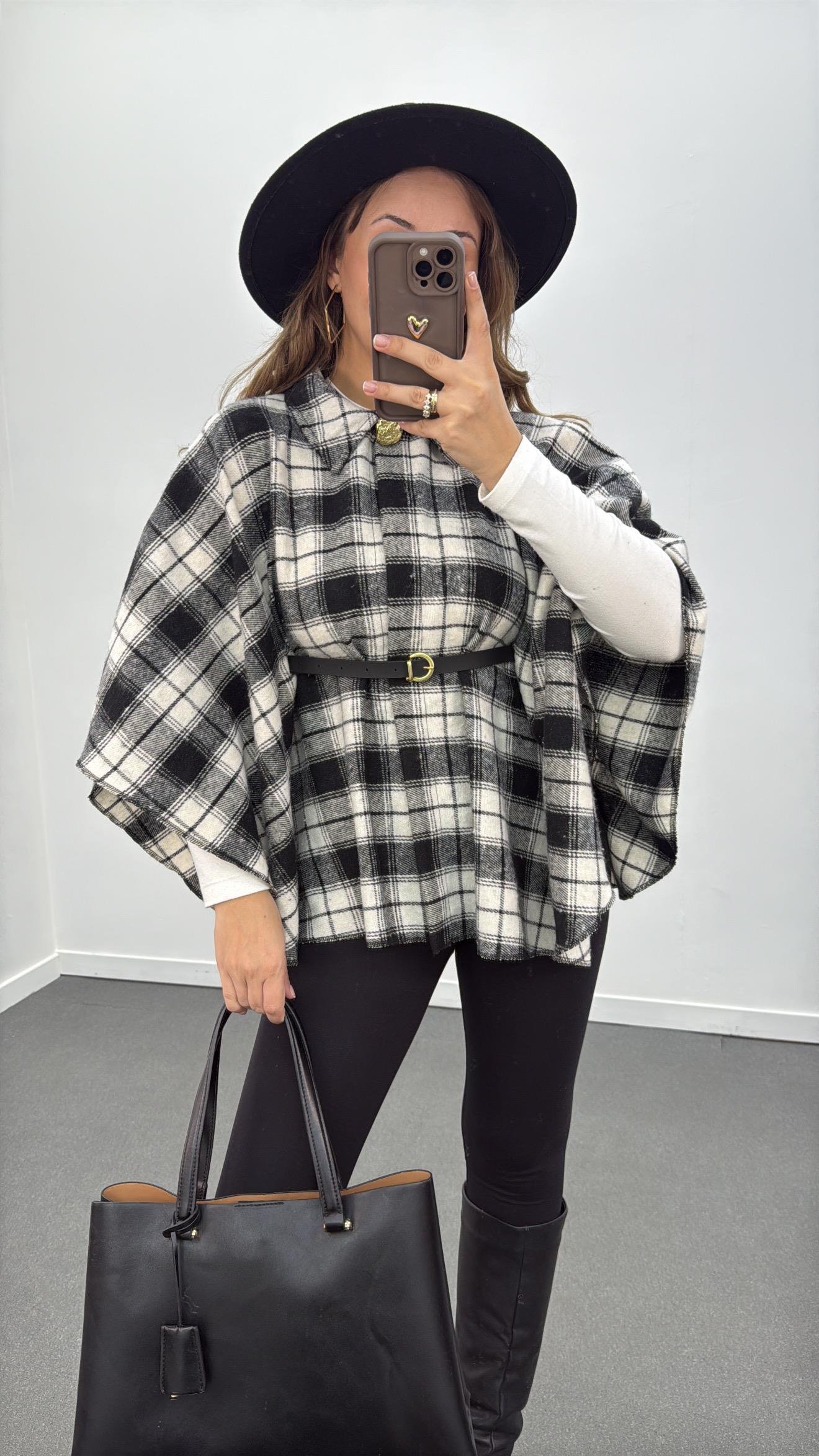 Faylin Siyah Ekoseli Kemerli Panço