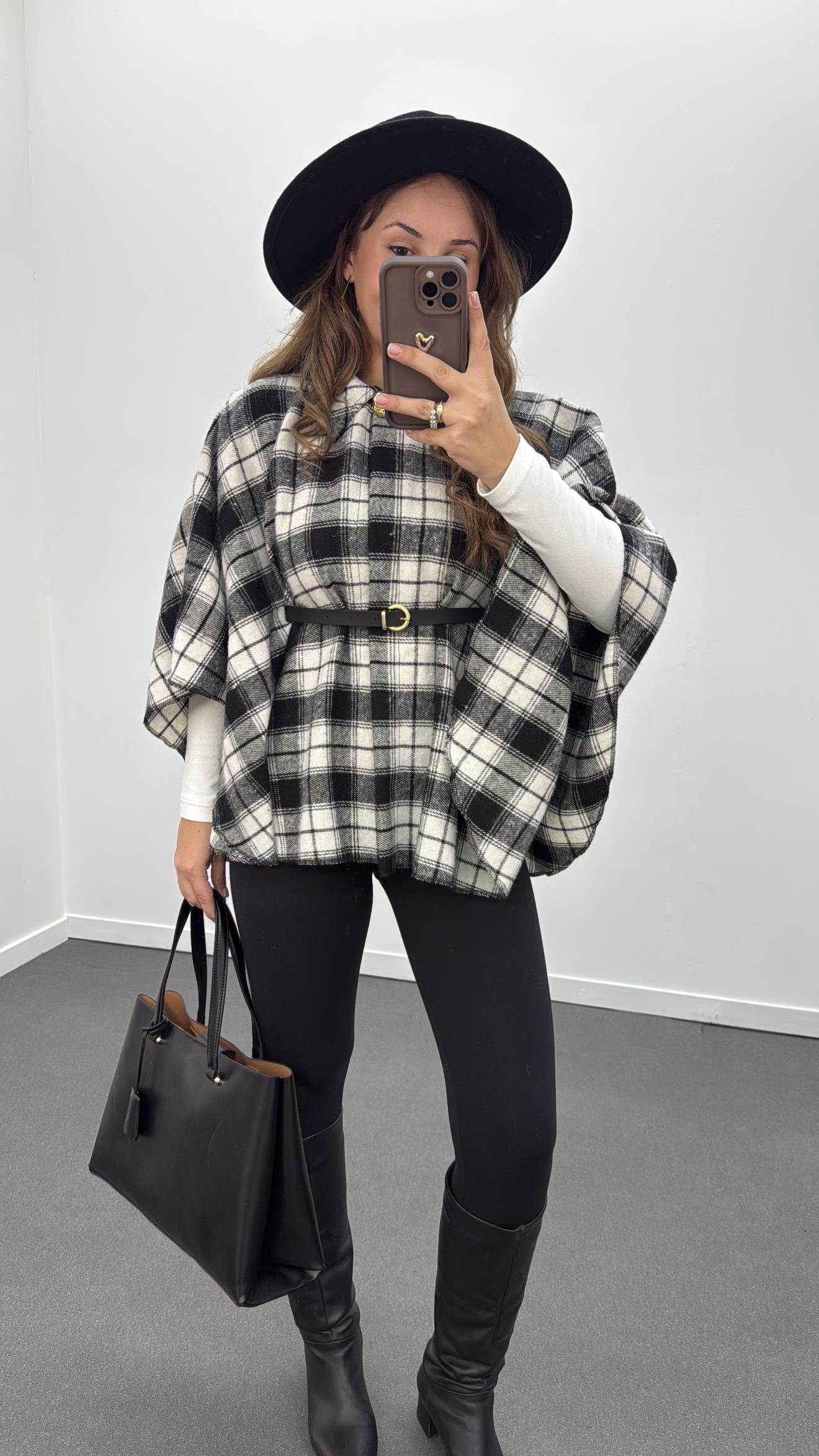 Faylin Siyah Ekoseli Kemerli Panço