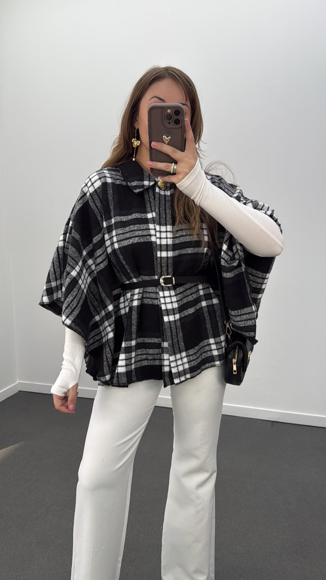 Faylin Siyah Gri Ekoseli Kemerli Panço