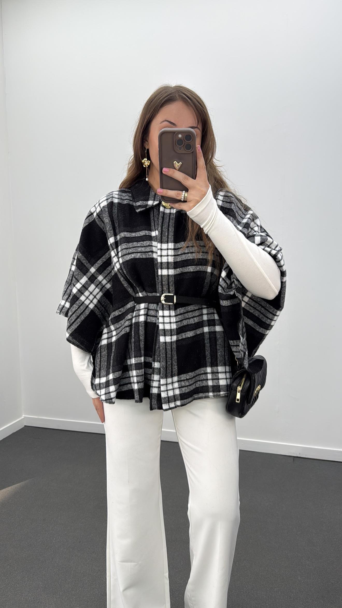 Faylin Siyah Gri Ekoseli Kemerli Panço