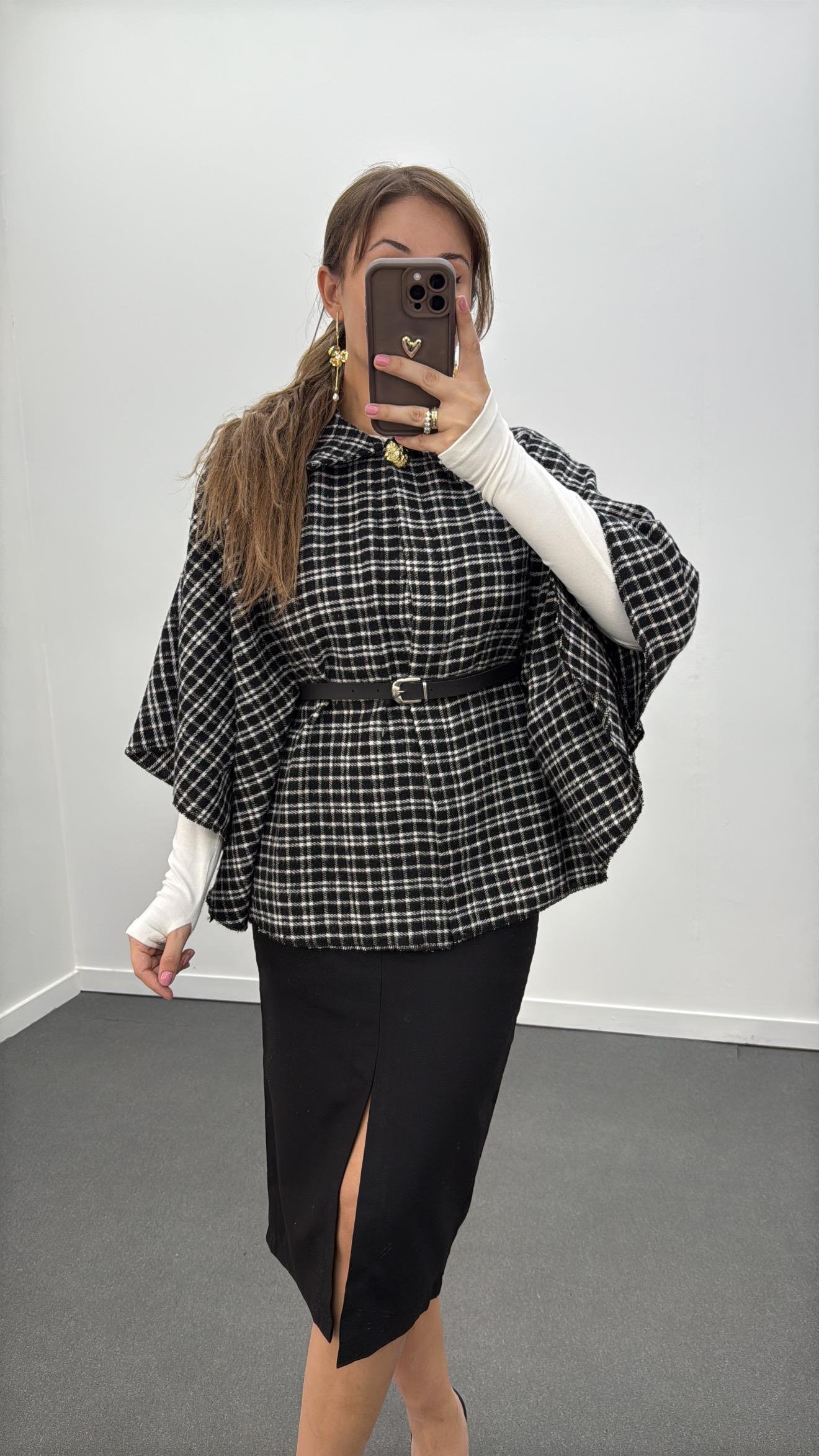 Faylin Siyah Potikare Ekoseli Kemerli Panço