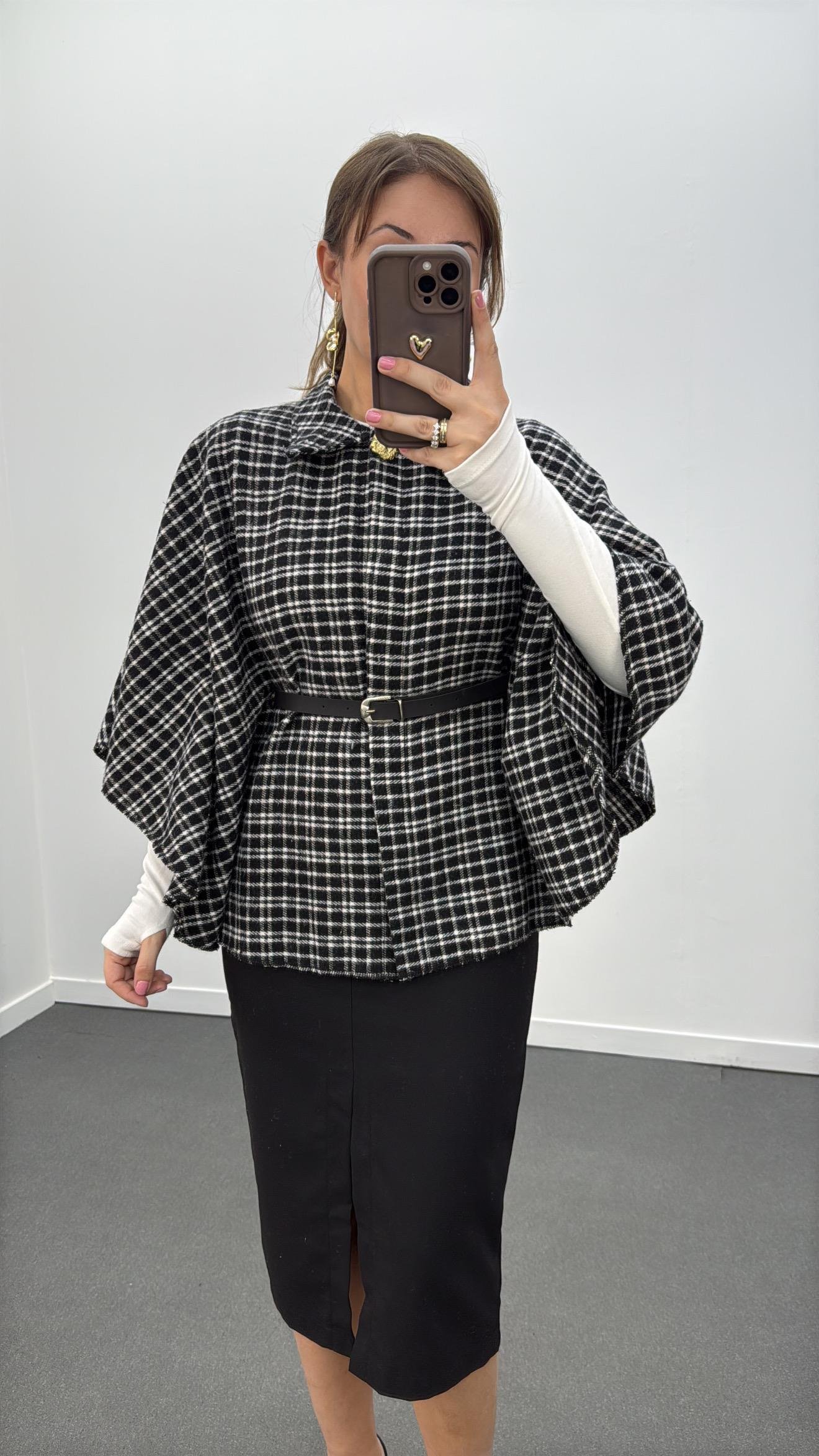 Faylin Siyah Potikare Ekoseli Kemerli Panço