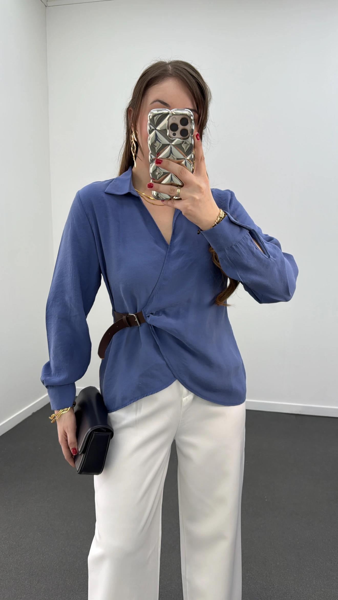 Fazaneh Mavi Kruvaze Kemerli Gömlek