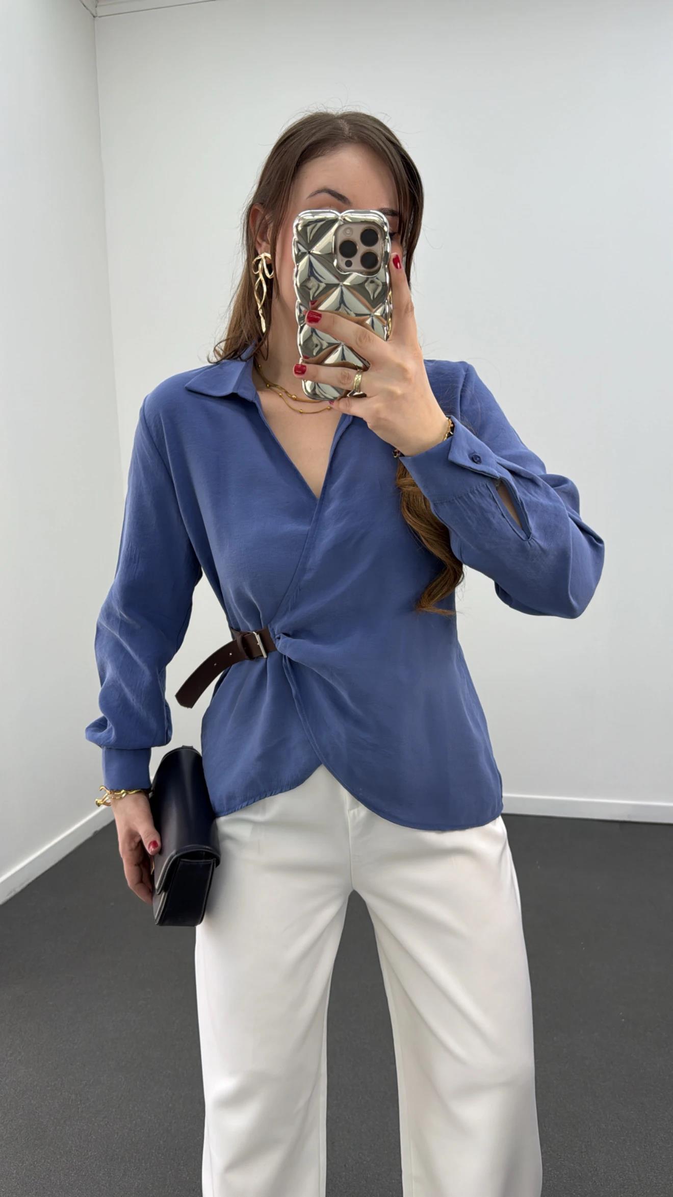 Fazaneh Mavi Kruvaze Kemerli Gömlek