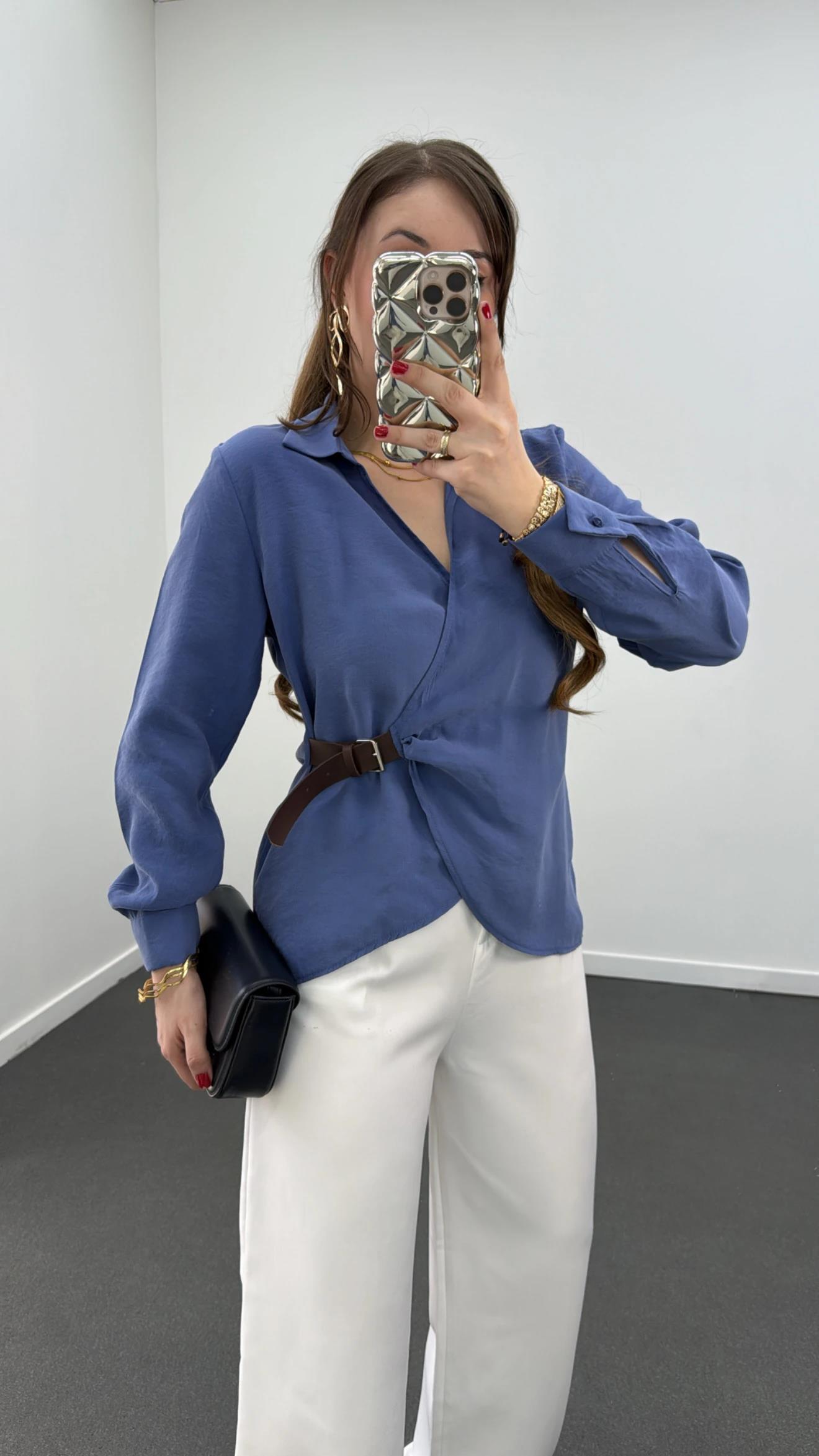 Fazaneh Mavi Kruvaze Kemerli Gömlek