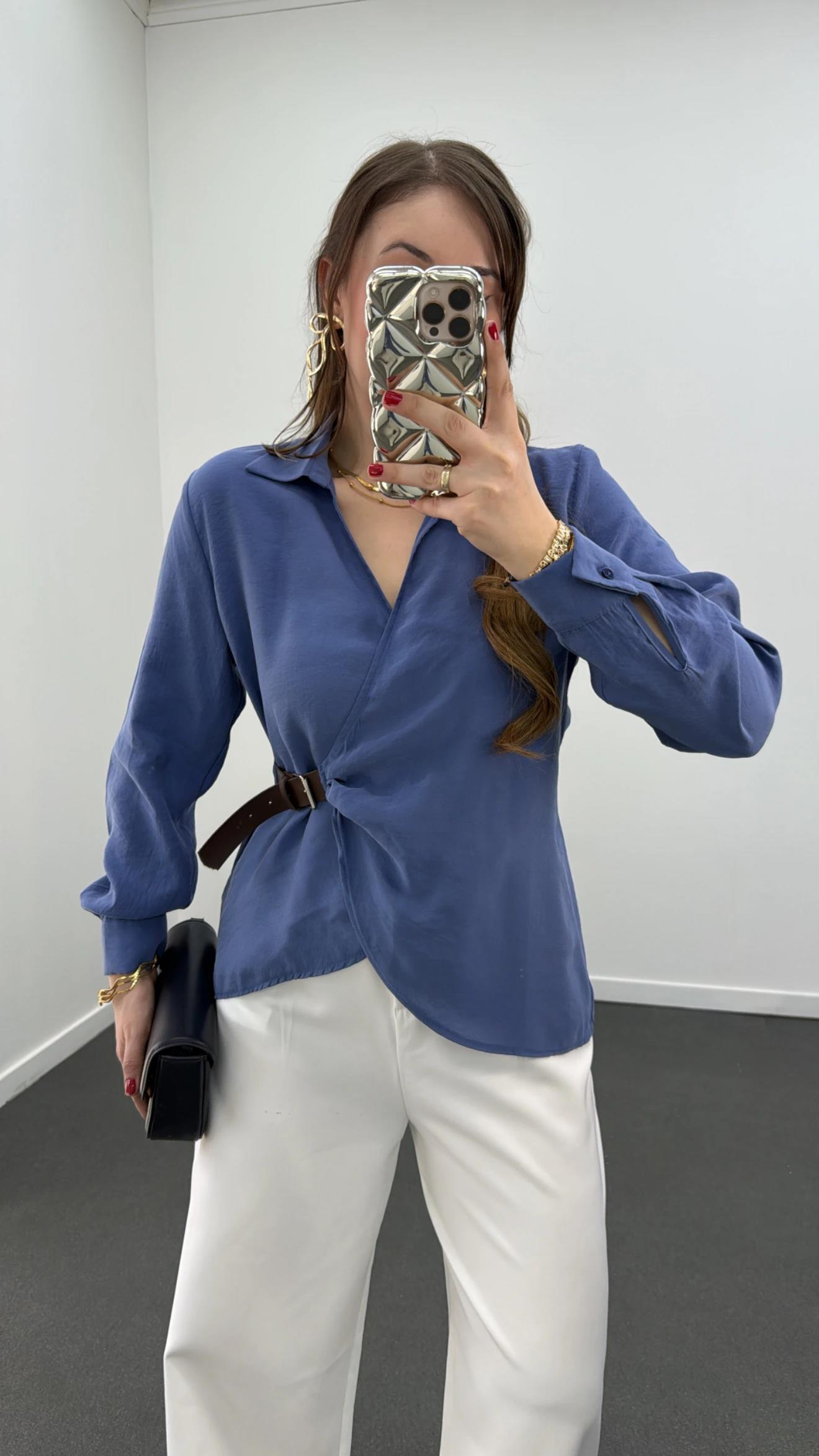 Fazaneh Mavi Kruvaze Kemerli Gömlek