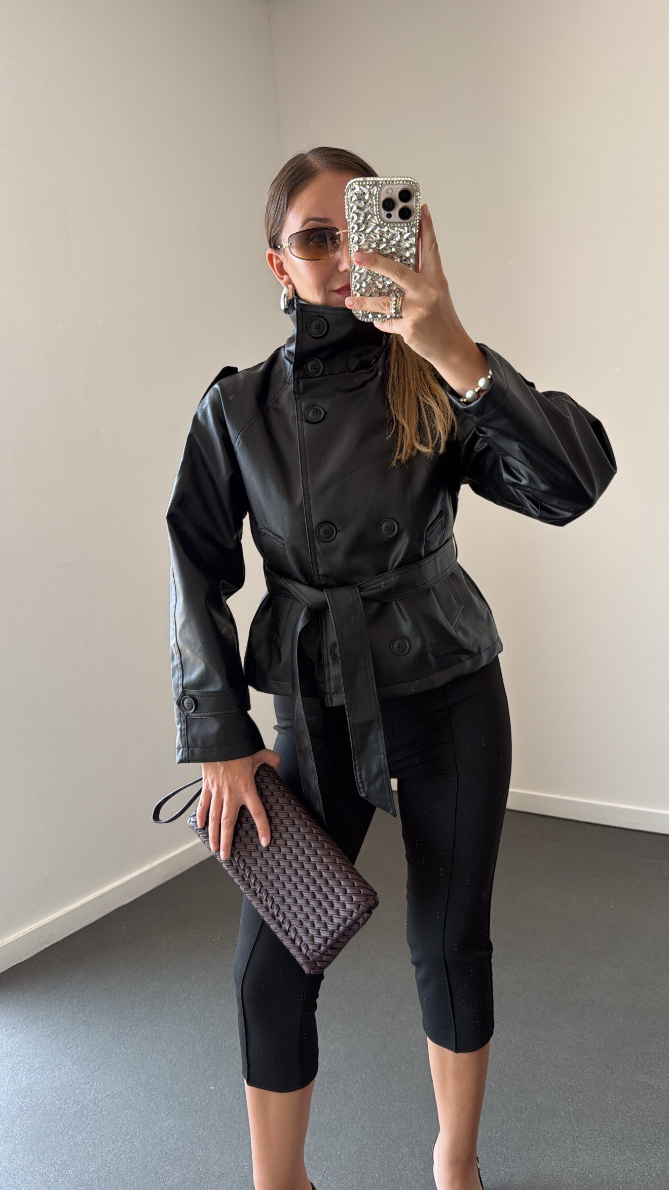 Fiorella Siyah Premium Kuşaklı Deri Ceket