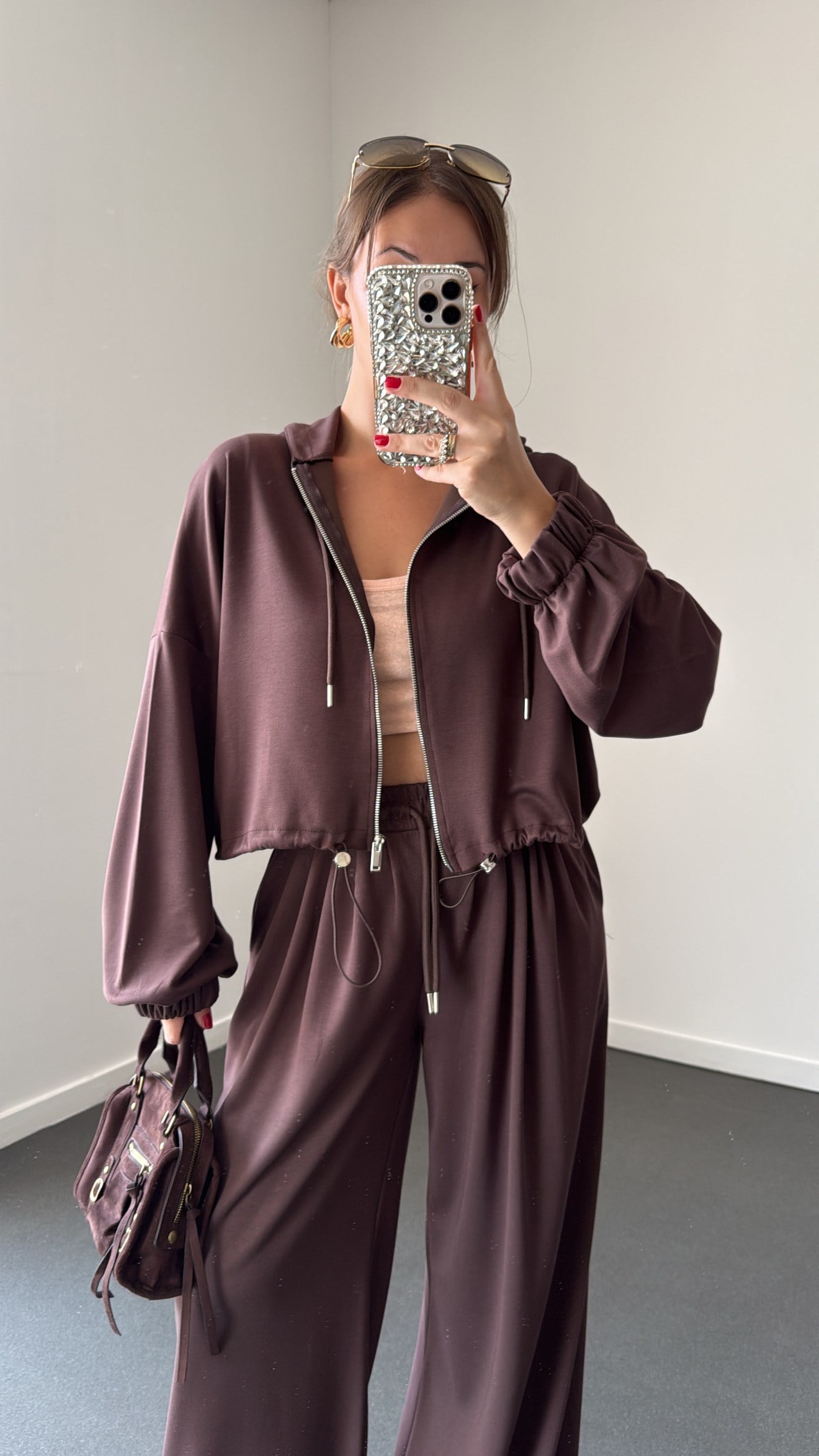 Fleur Kahve Modal Kapüşonlu Hırka ve Pantolon Takımı