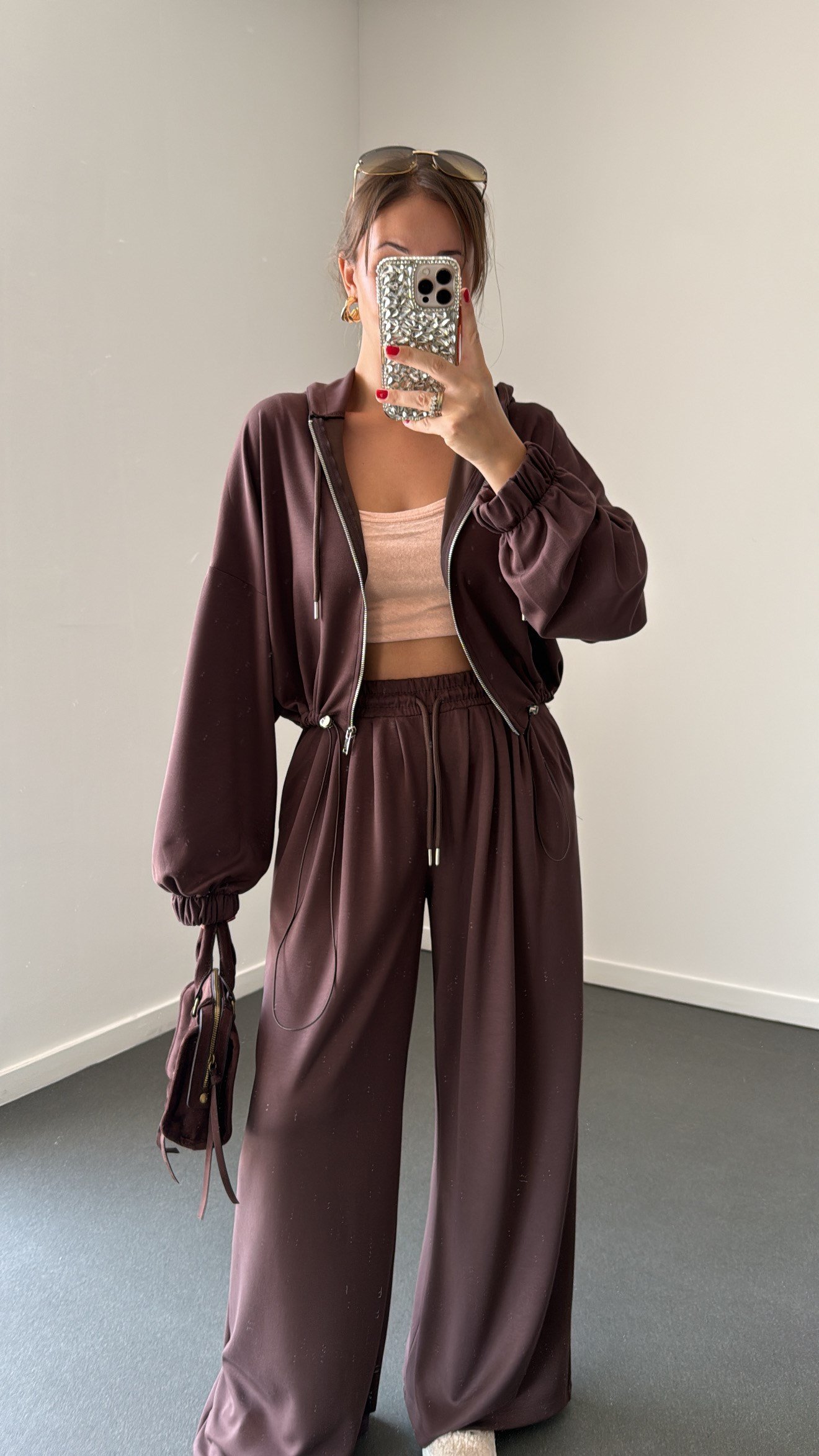 Fleur Kahve Modal Kapüşonlu Hırka ve Pantolon Takımı