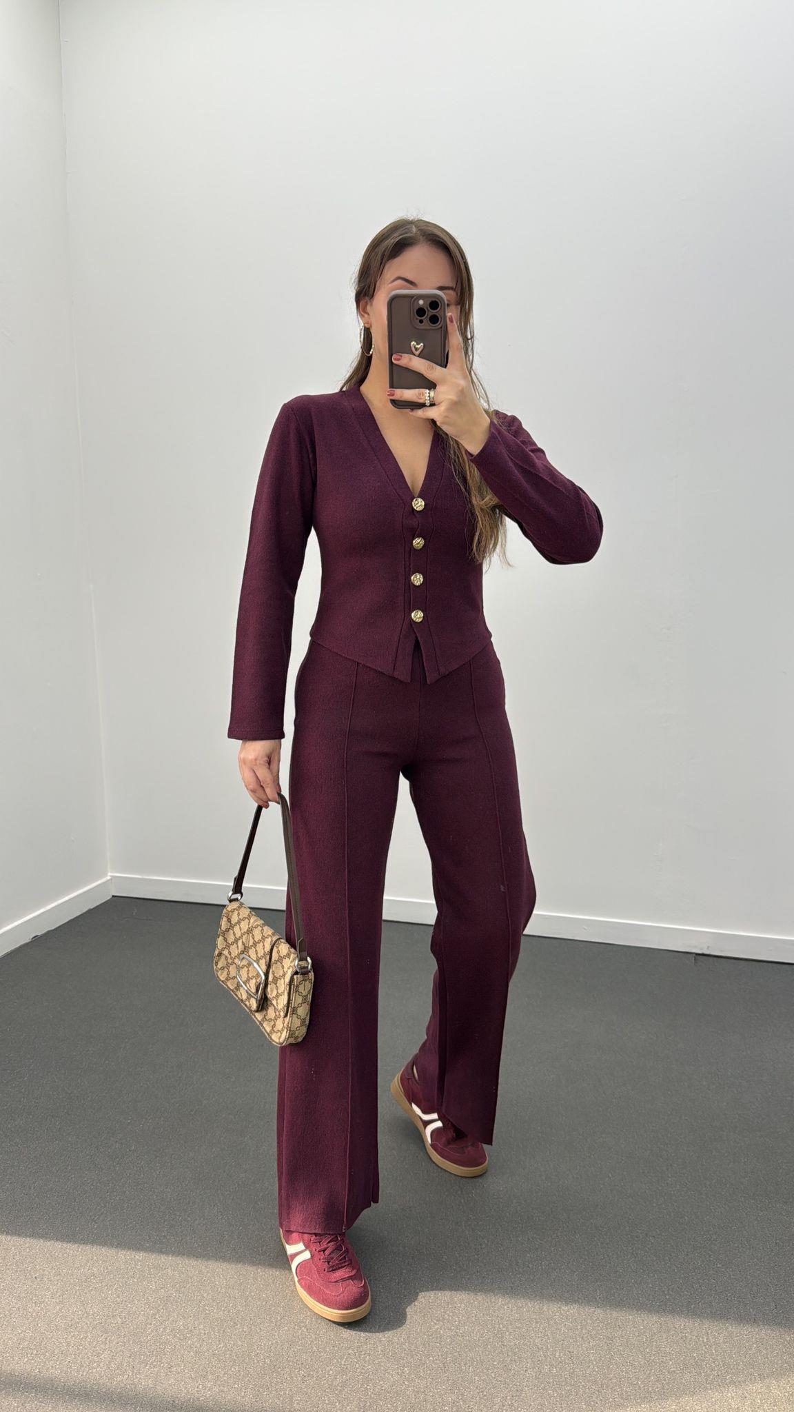 Freya Bordo Gold Düğmeli Hırka Ve Triko Pantolon Takım