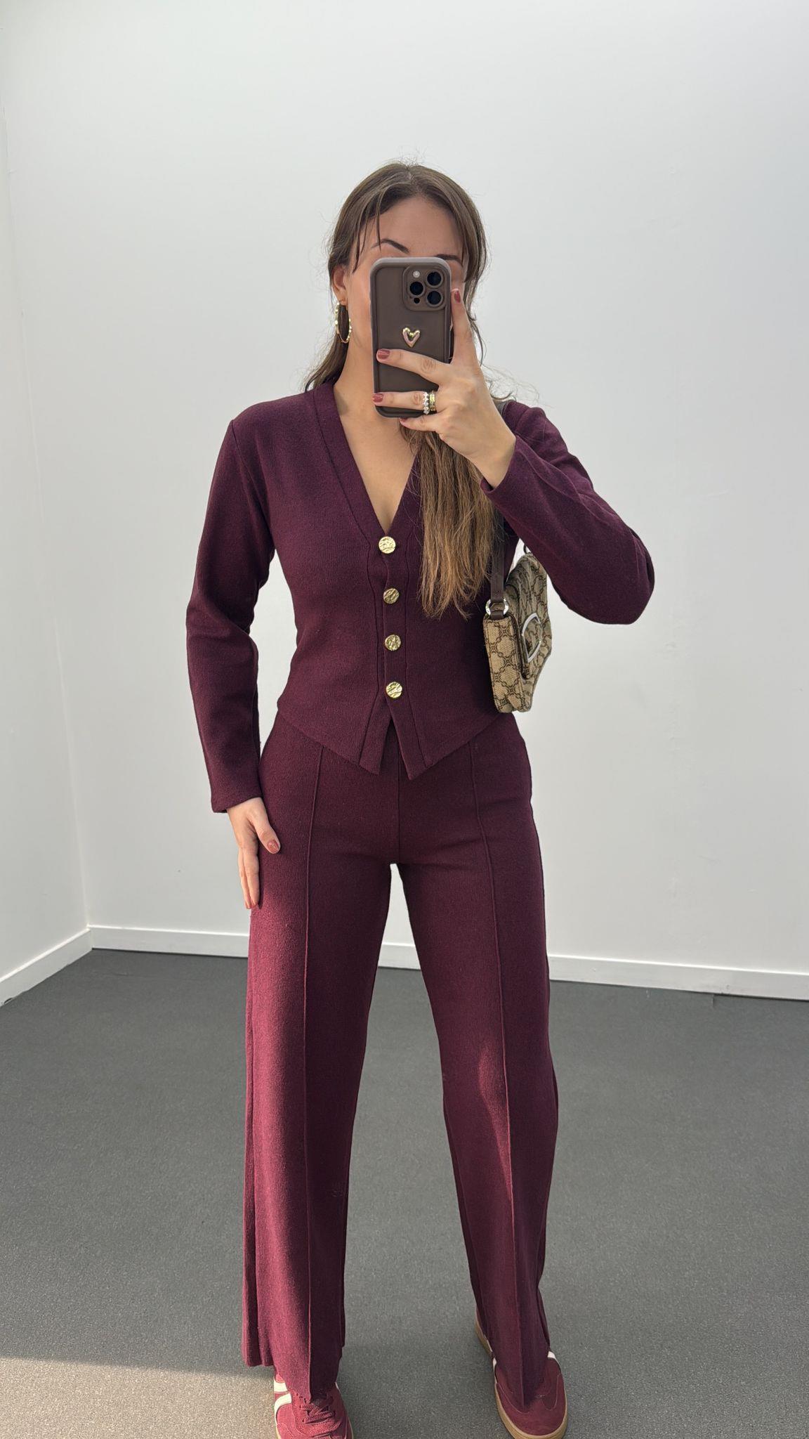 Freya Bordo Gold Düğmeli Hırka Ve Triko Pantolon Takım