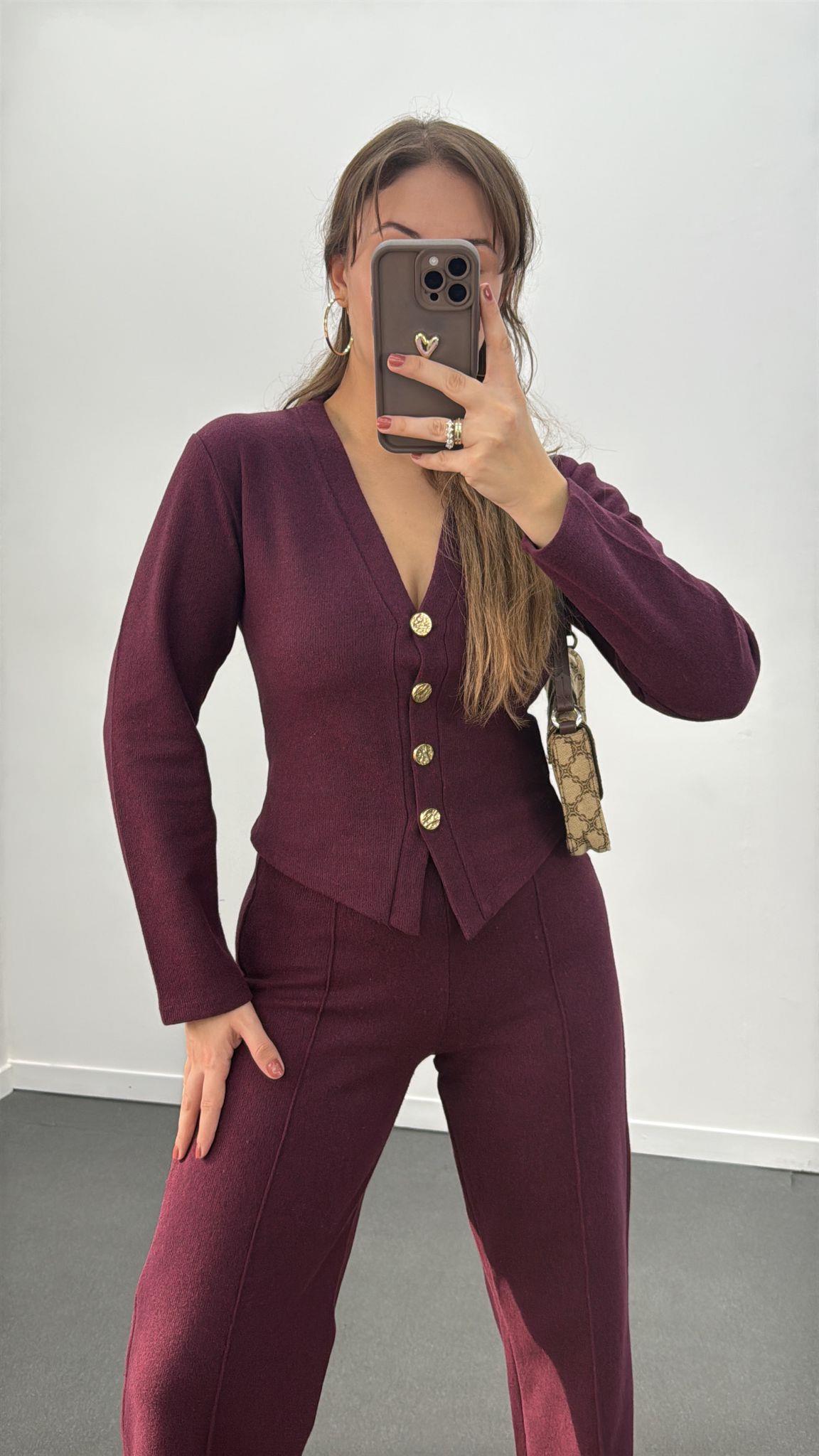 Freya Bordo Gold Düğmeli Hırka Ve Triko Pantolon Takım