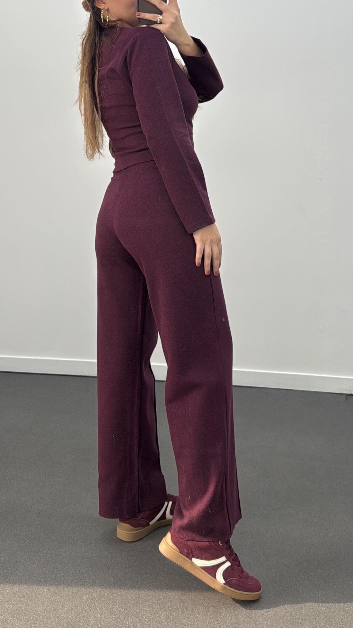 Freya Bordo Gold Düğmeli Hırka Ve Triko Pantolon Takım