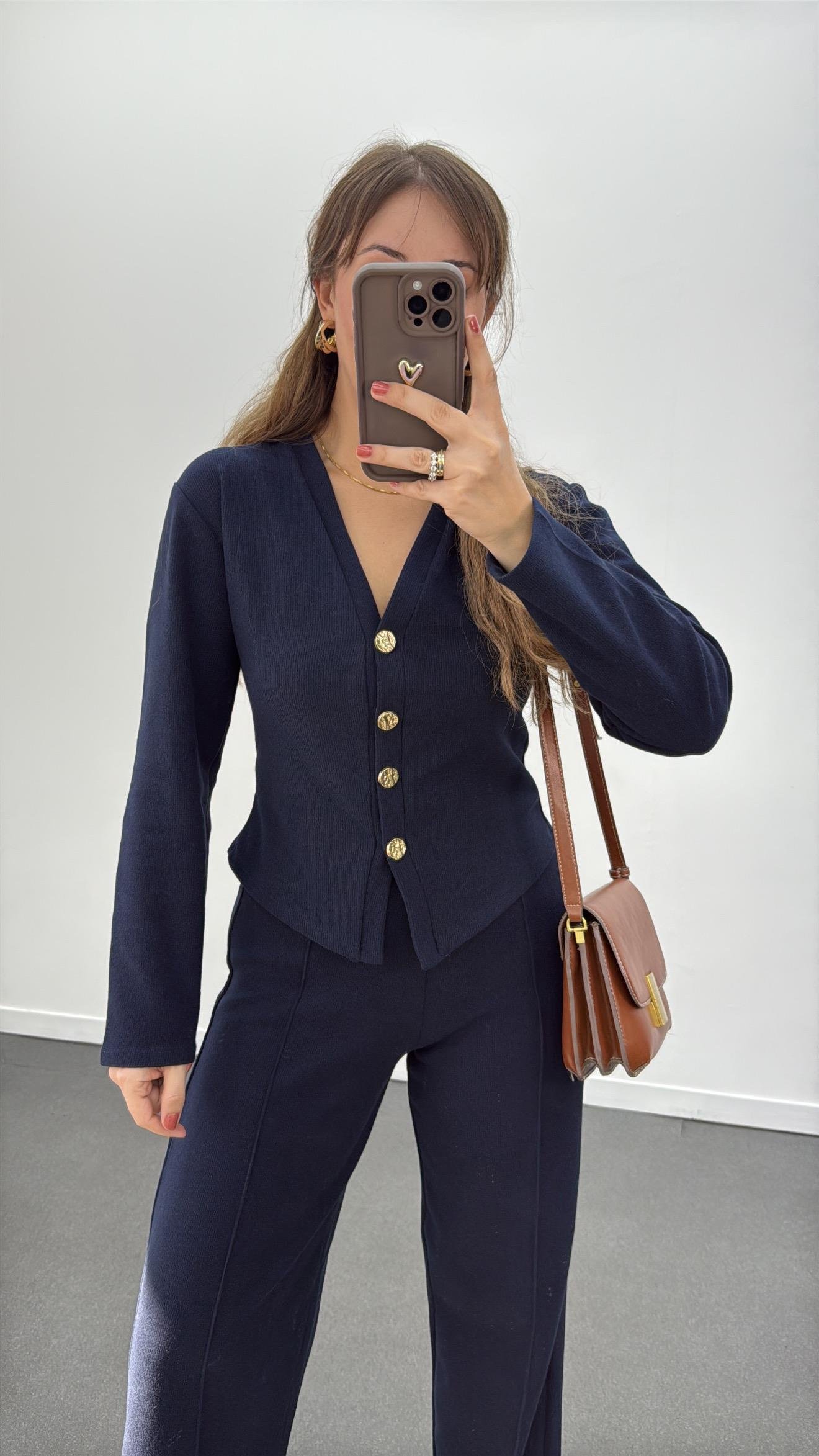 Freya Lacivert Gold Düğmeli Hırka Ve Triko Pantolon Takım