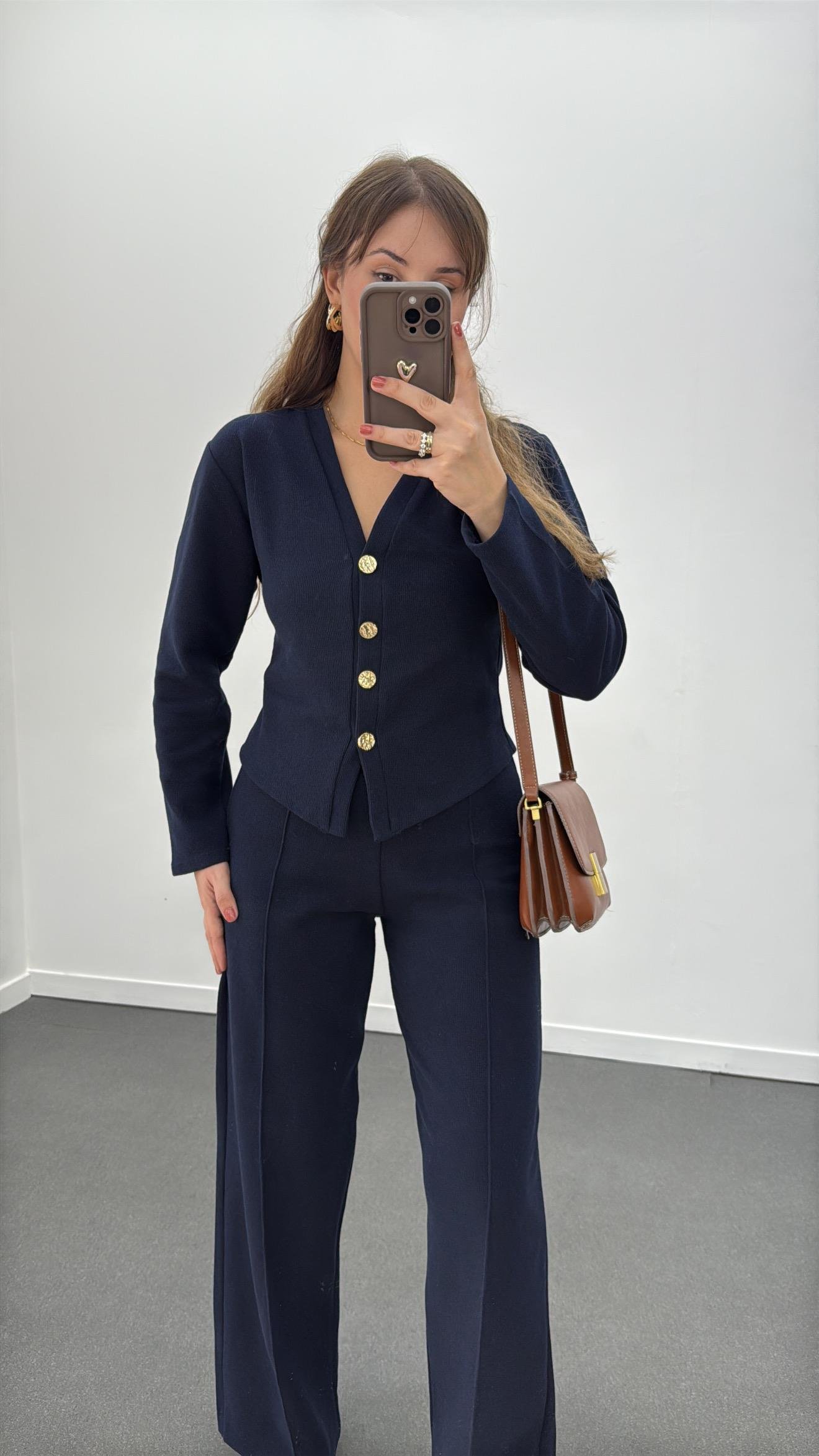 Freya Lacivert Gold Düğmeli Hırka Ve Triko Pantolon Takım