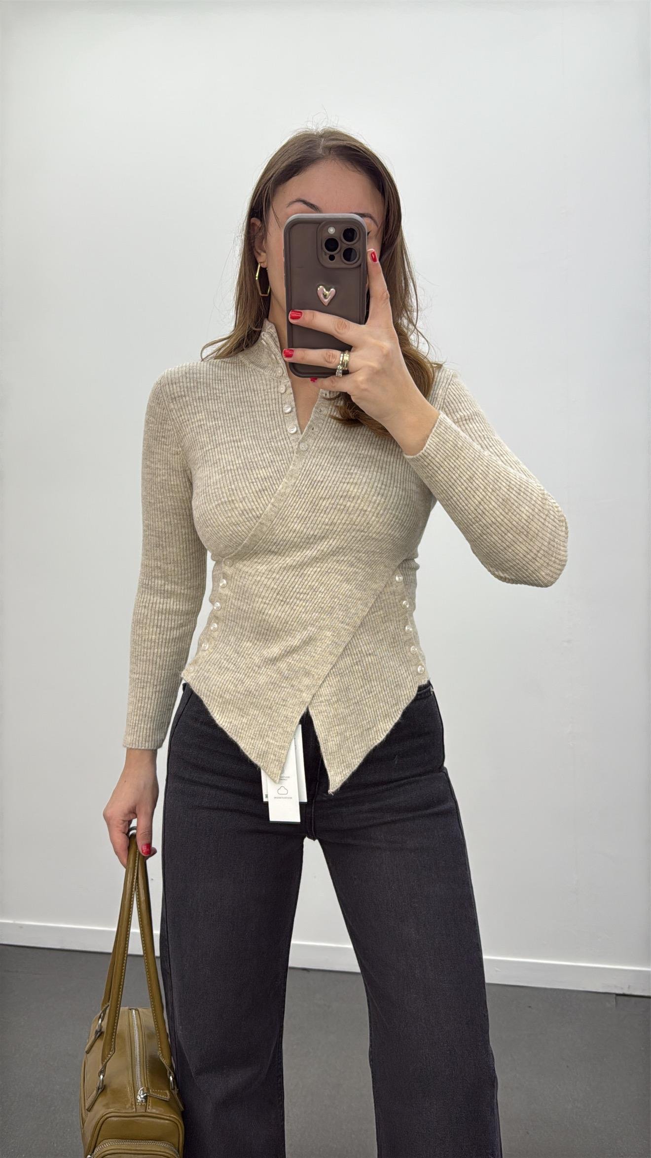 Gabriela Açık Bej Full Düğmeli Triko