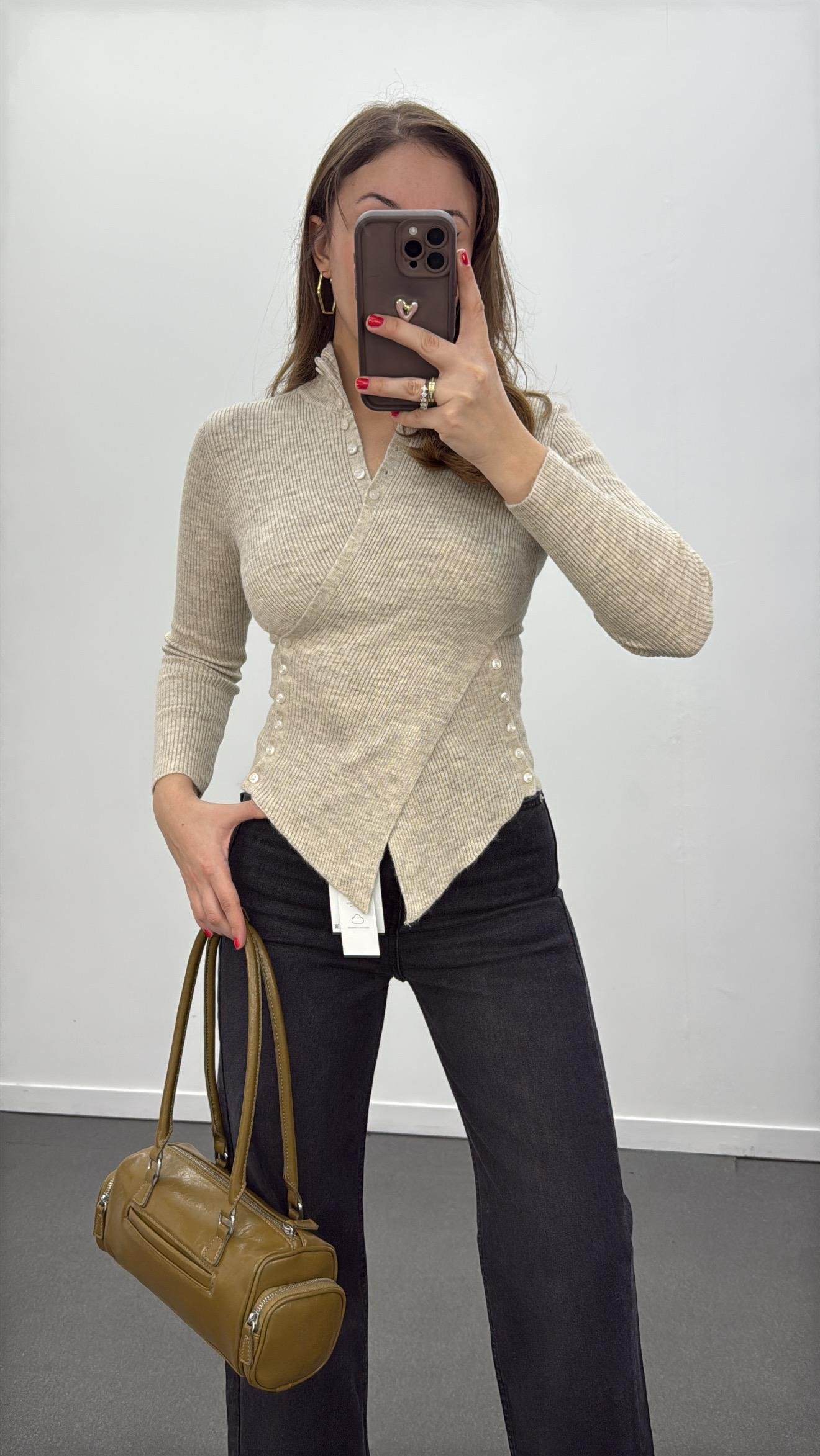 Gabriela Açık Bej Full Düğmeli Triko