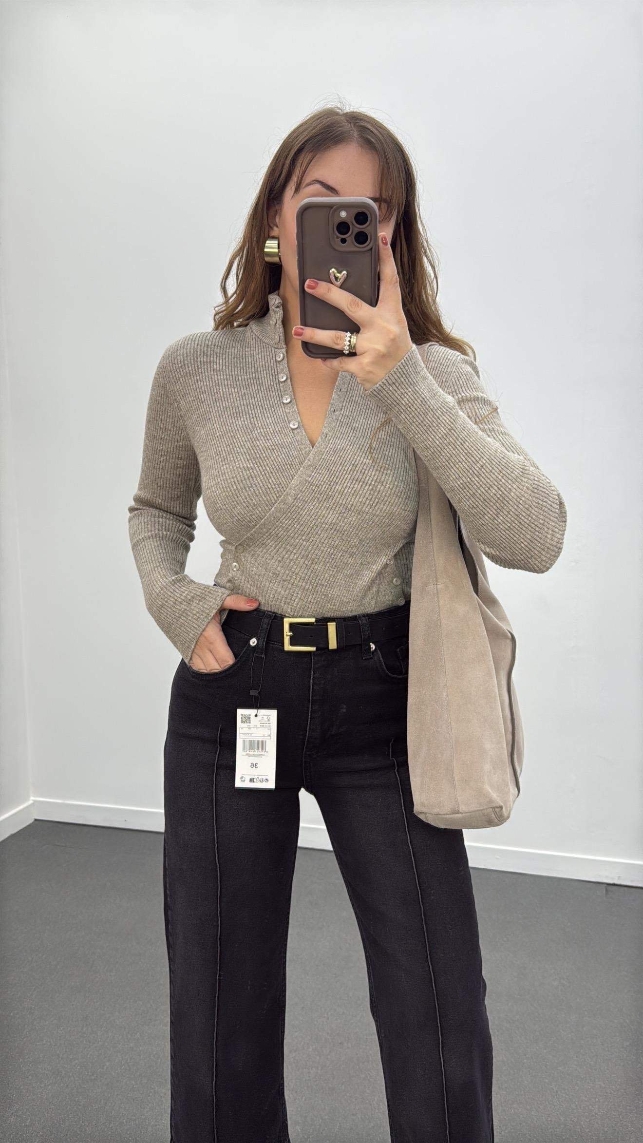 Gabriela Açık Vizon Kruvaze Full Düğmeli Triko