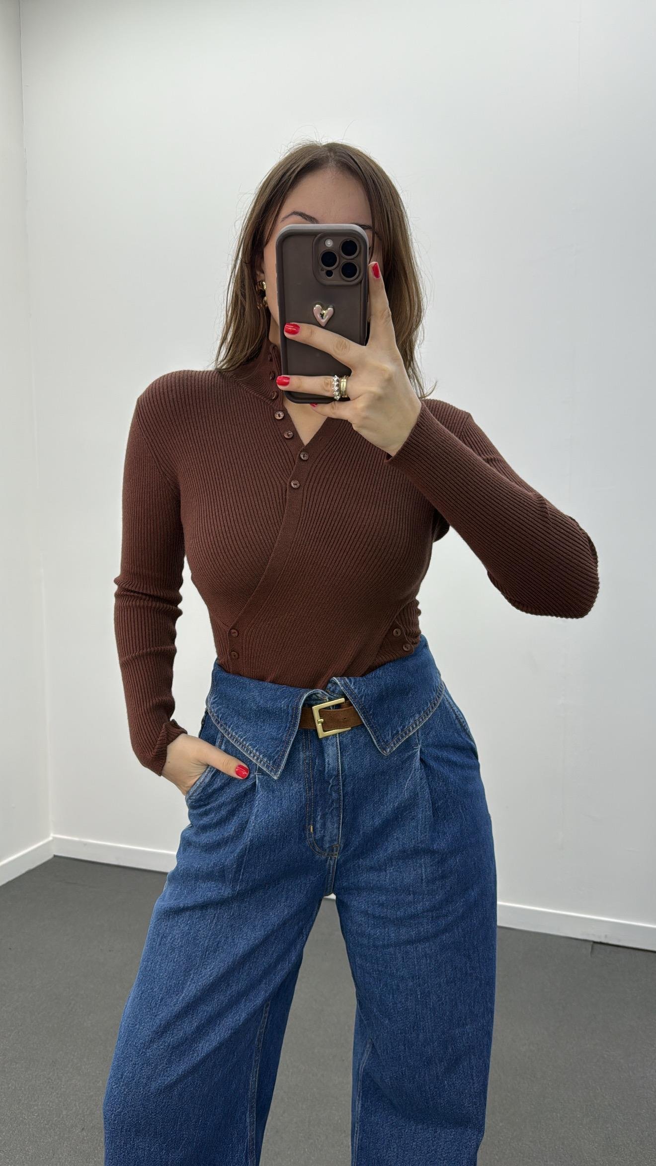 Gabriela Çikolata Kahve Kruvaze Full Düğmeli Triko