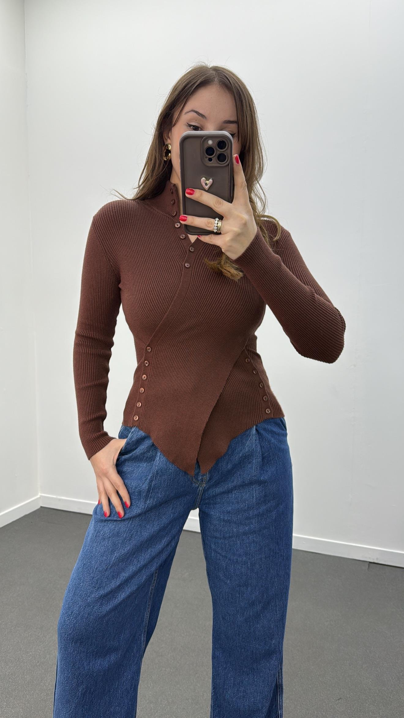 Gabriela Çikolata Kahve Kruvaze Full Düğmeli Triko