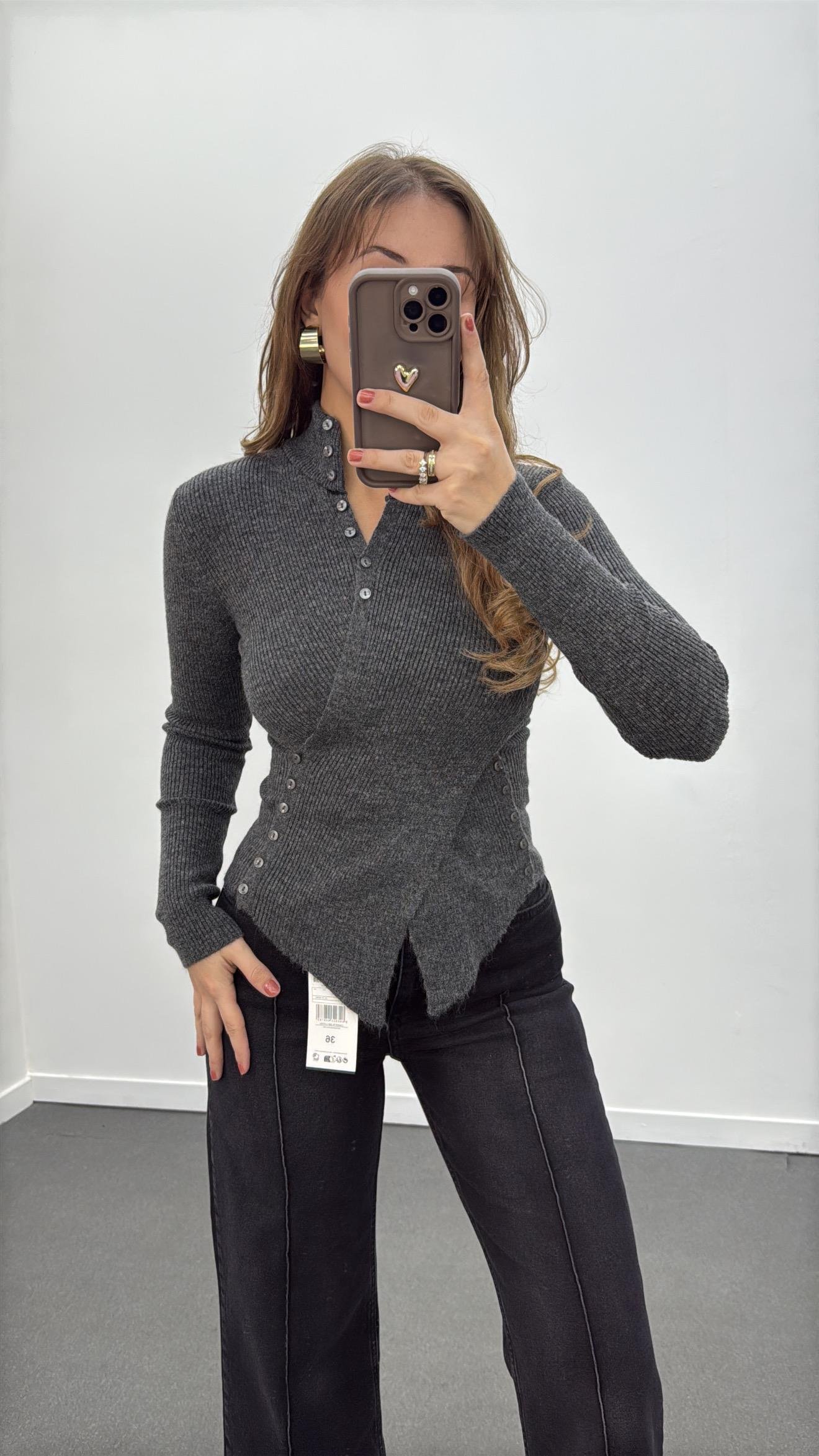 Gabriela Gri Kruvaze Full Düğmeli Triko