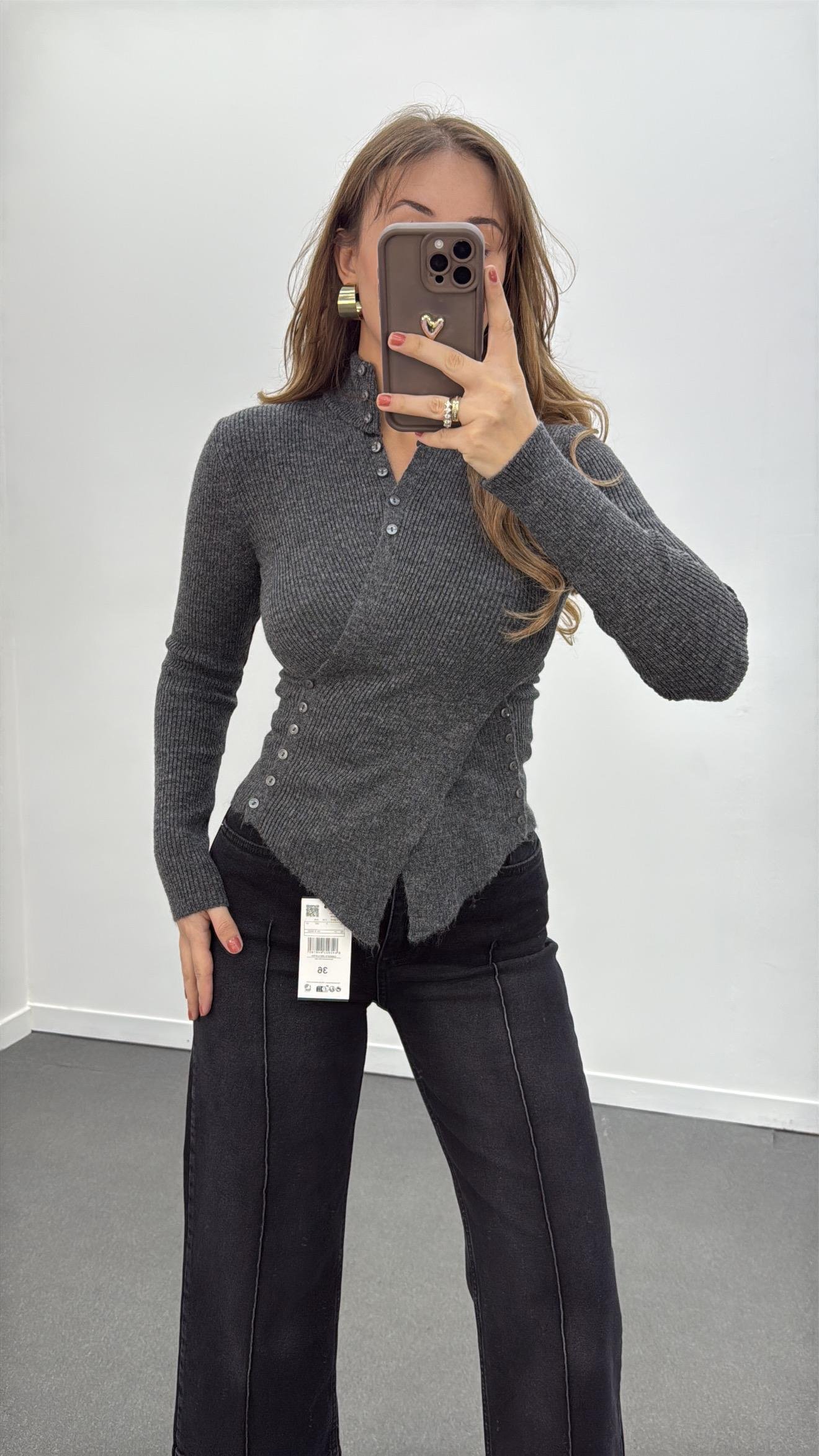 Gabriela Gri Kruvaze Full Düğmeli Triko