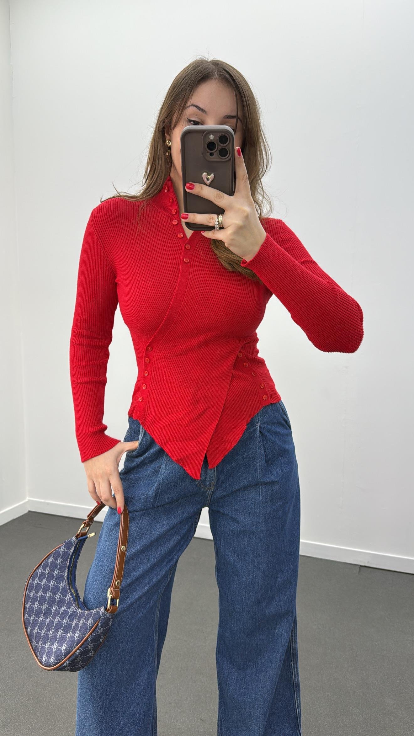 Gabriela Kırmızı Kruvaze Full Düğmeli Triko