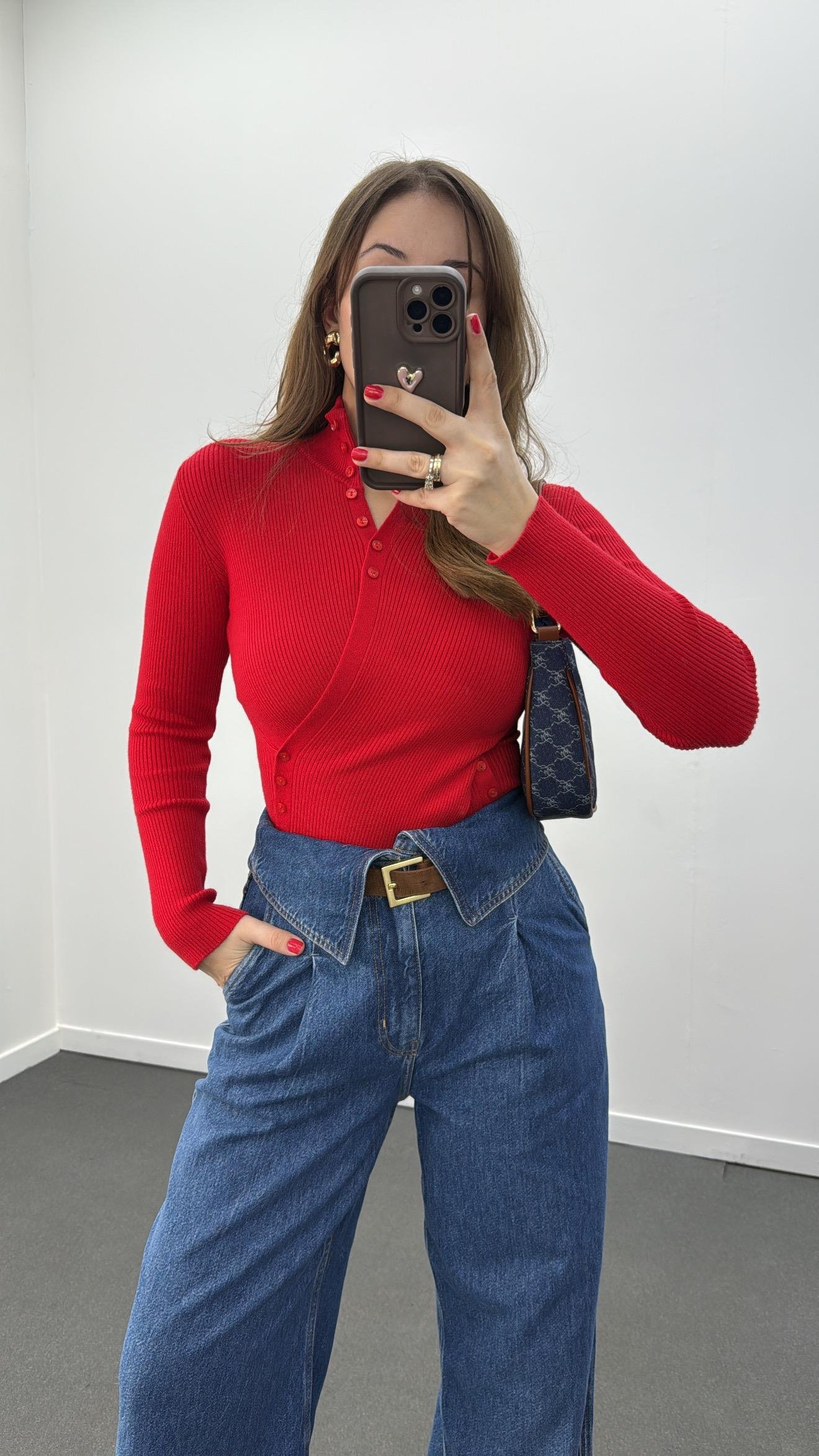 Gabriela Kırmızı Kruvaze Full Düğmeli Triko