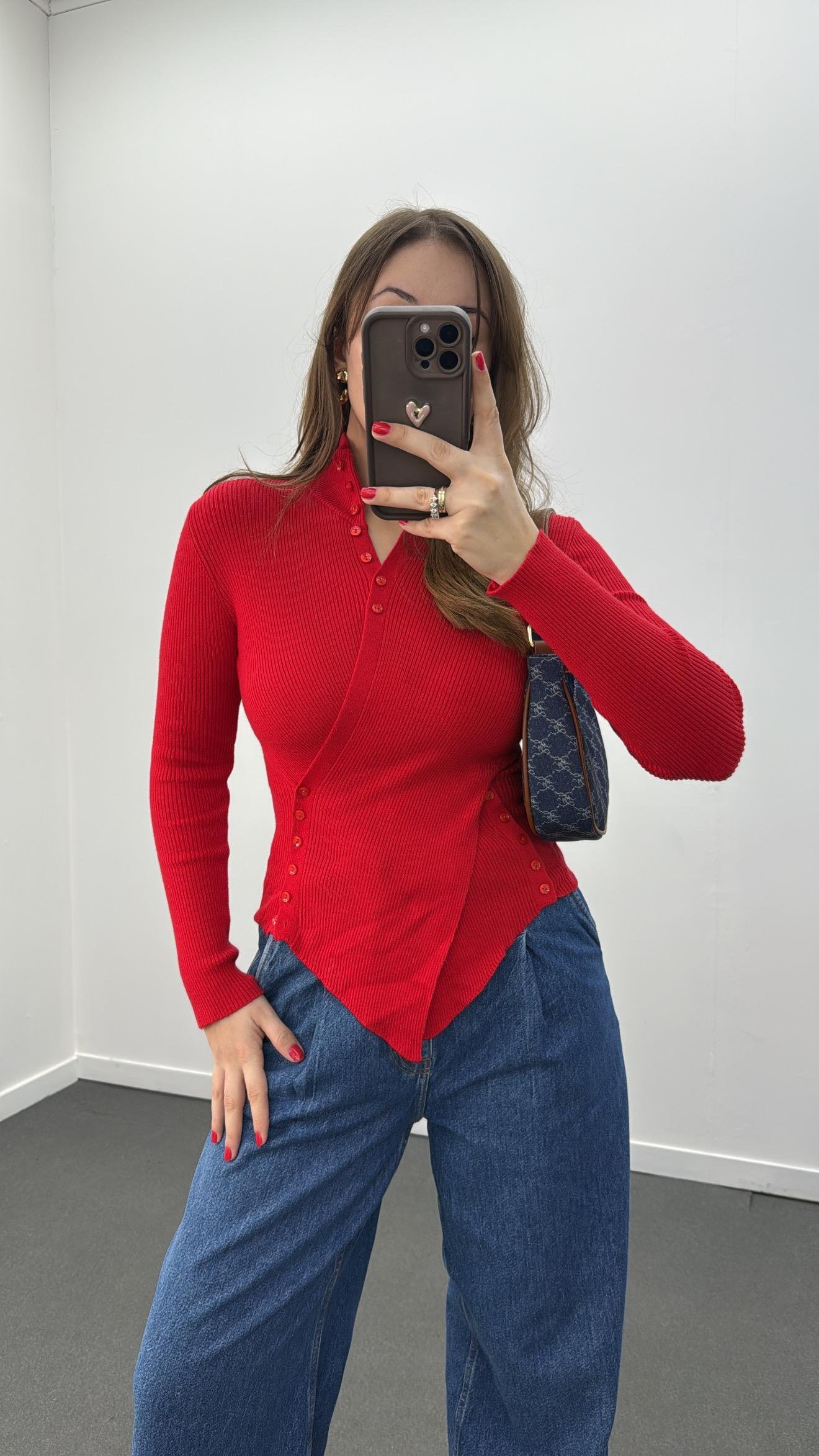 Gabriela Kırmızı Kruvaze Full Düğmeli Triko