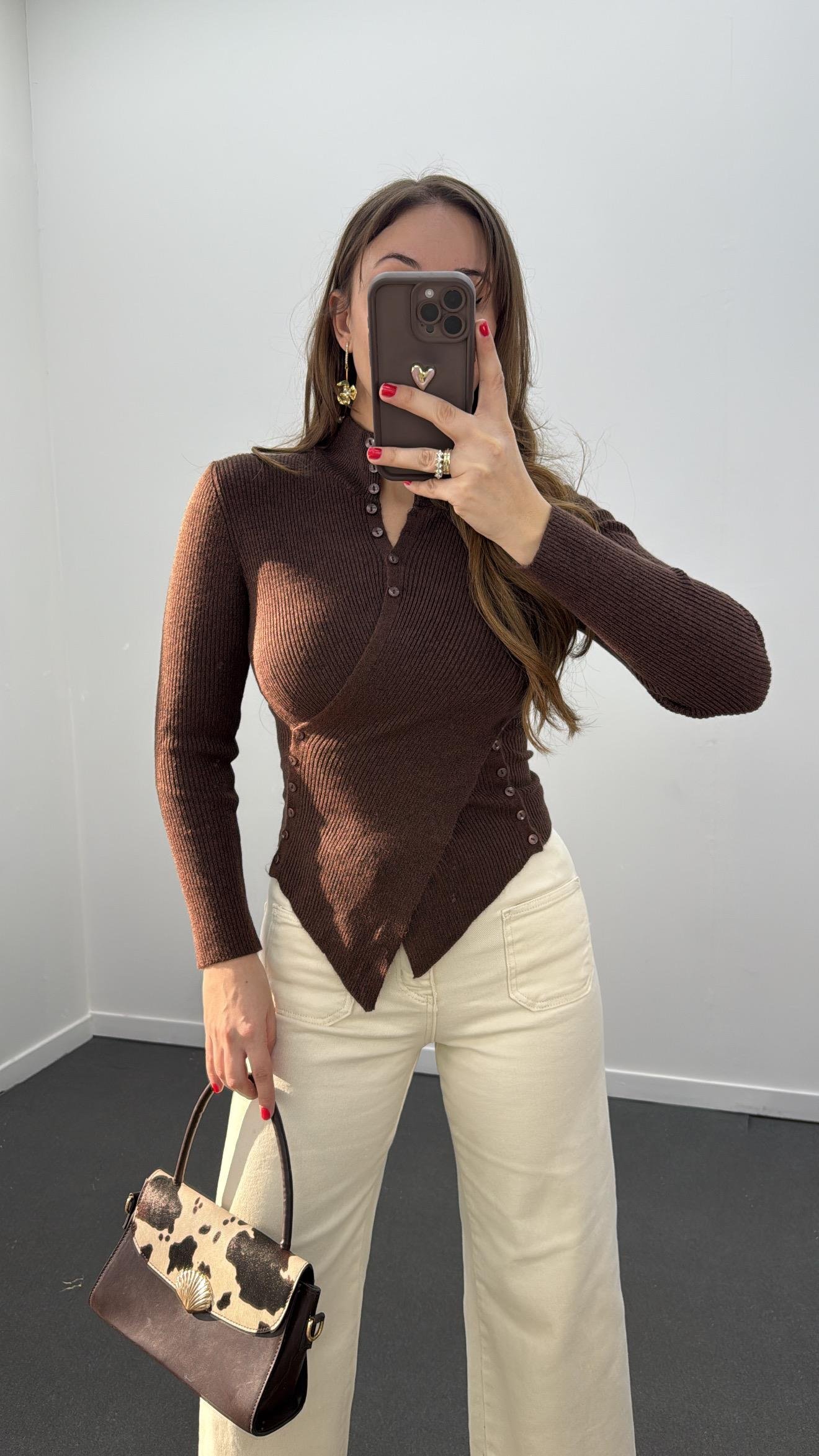 Gabriela Orta Kahve Kruvaze Full Düğmeli Triko