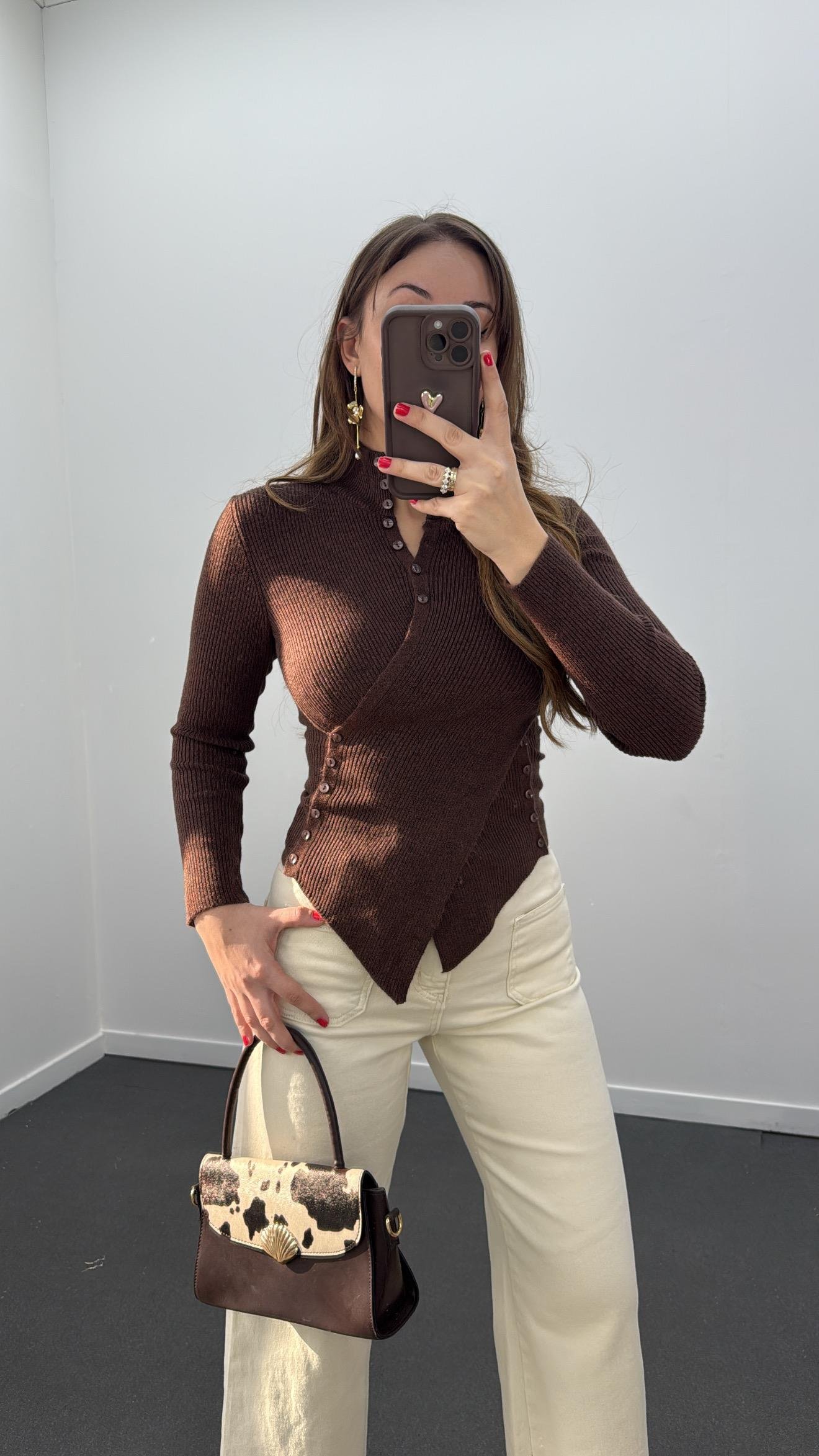 Gabriela Orta Kahve Kruvaze Full Düğmeli Triko