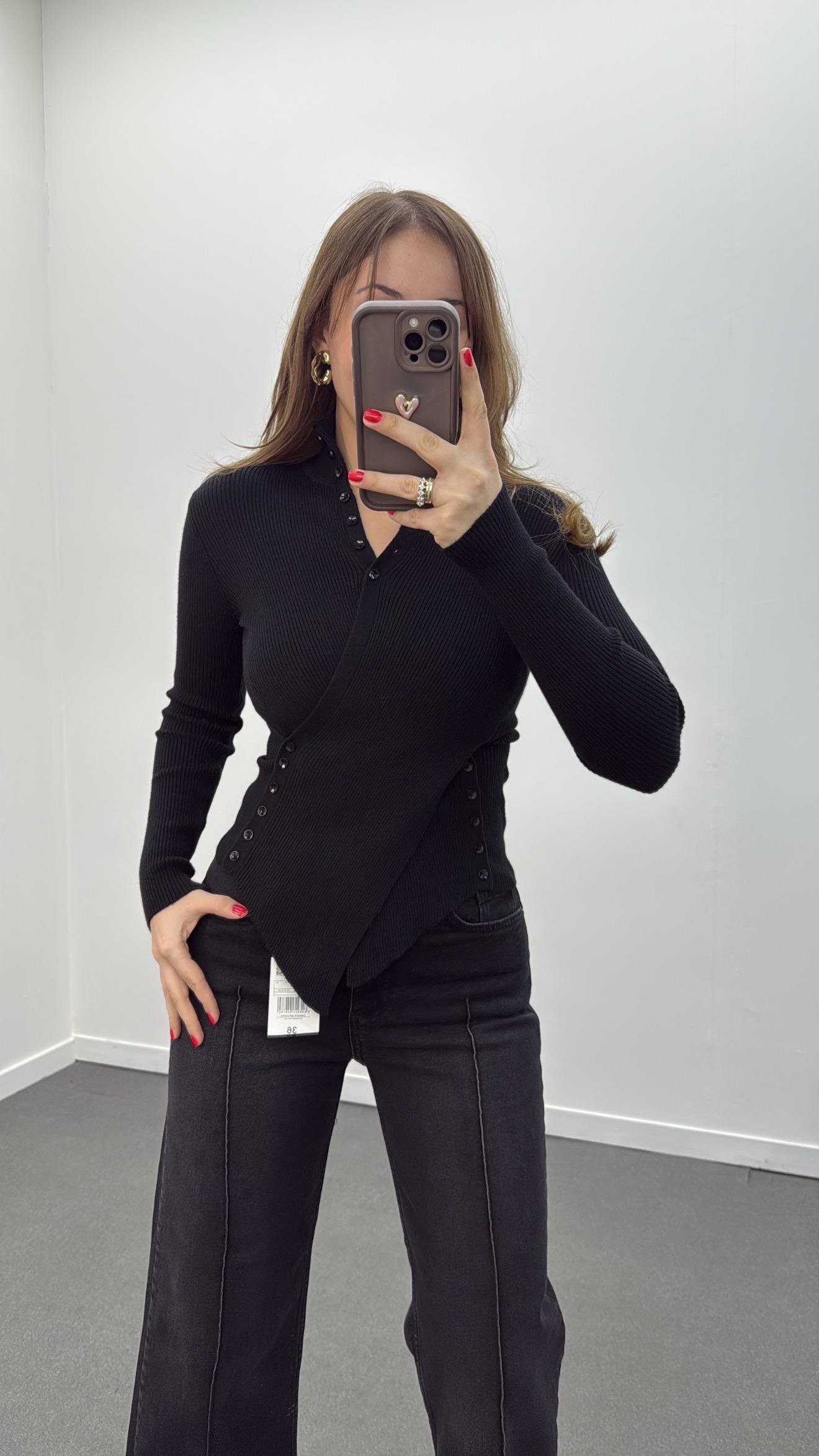 Gabriela Siyah Kruvaze Full Düğmeli Triko