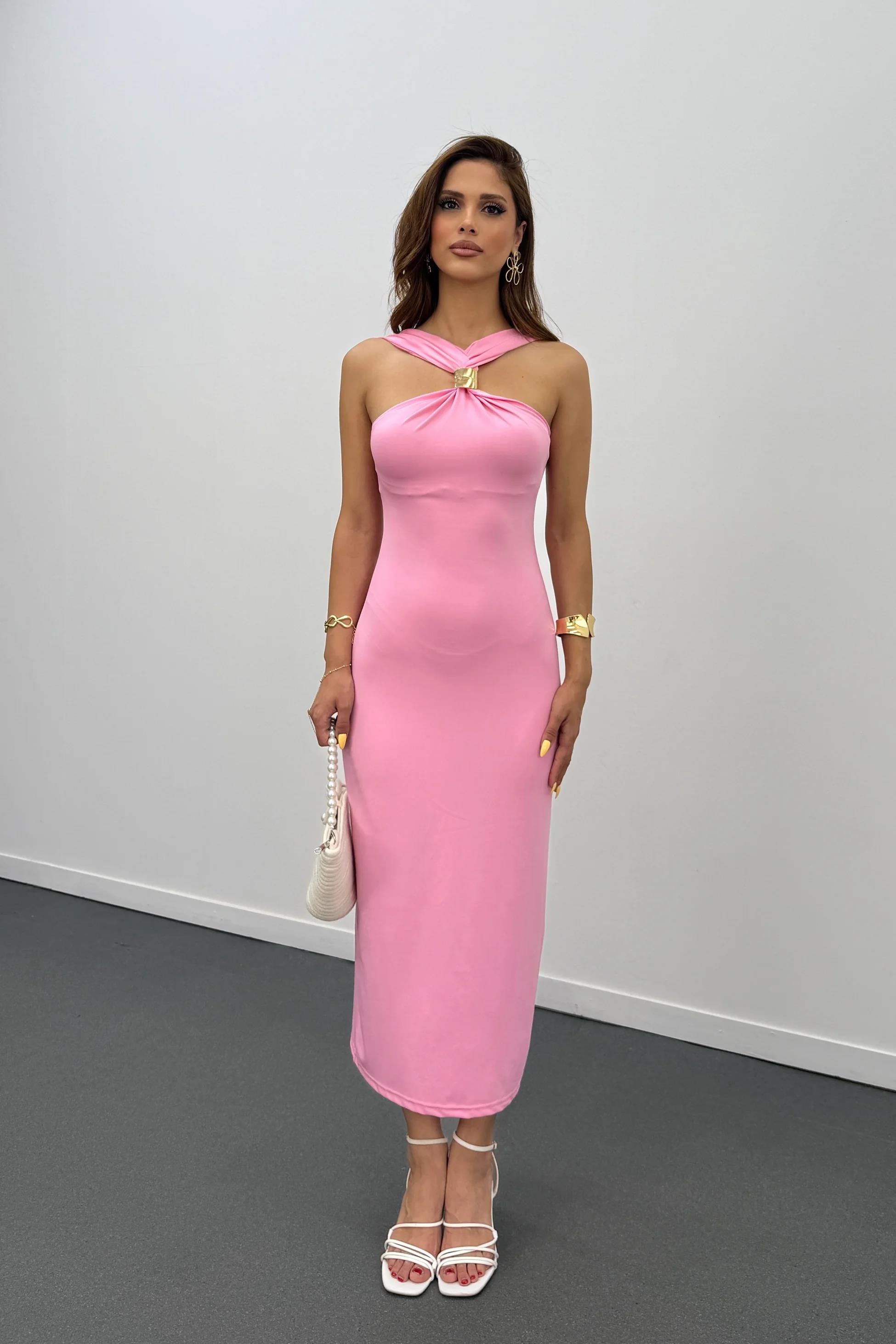 Gabrini Pembe Gold Toka Detaylı Kalem Elbise