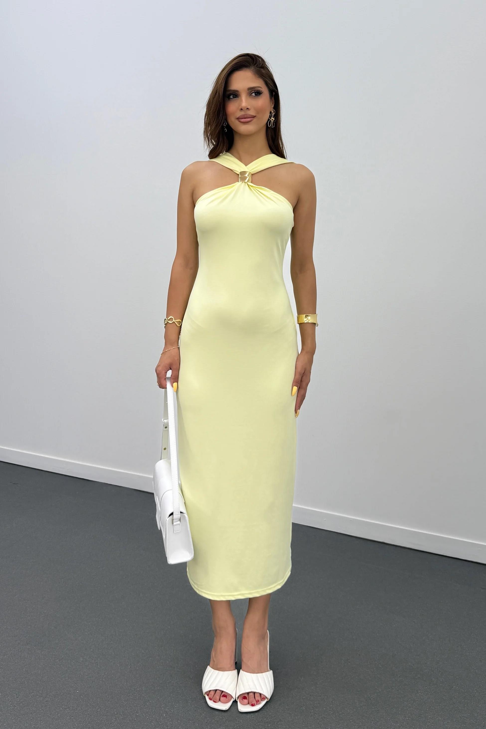 Gabrini Sarı Gold Toka Detaylı Kalem Elbise